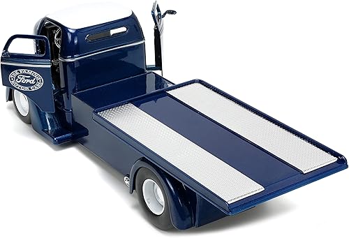 Miniatura 4 de Jada Toys Just Trucks 1:24 1947 Ford COE - Auto de cama plana fundido a presión color azul oscuro y blanco con estante para neumáticos, juguetes