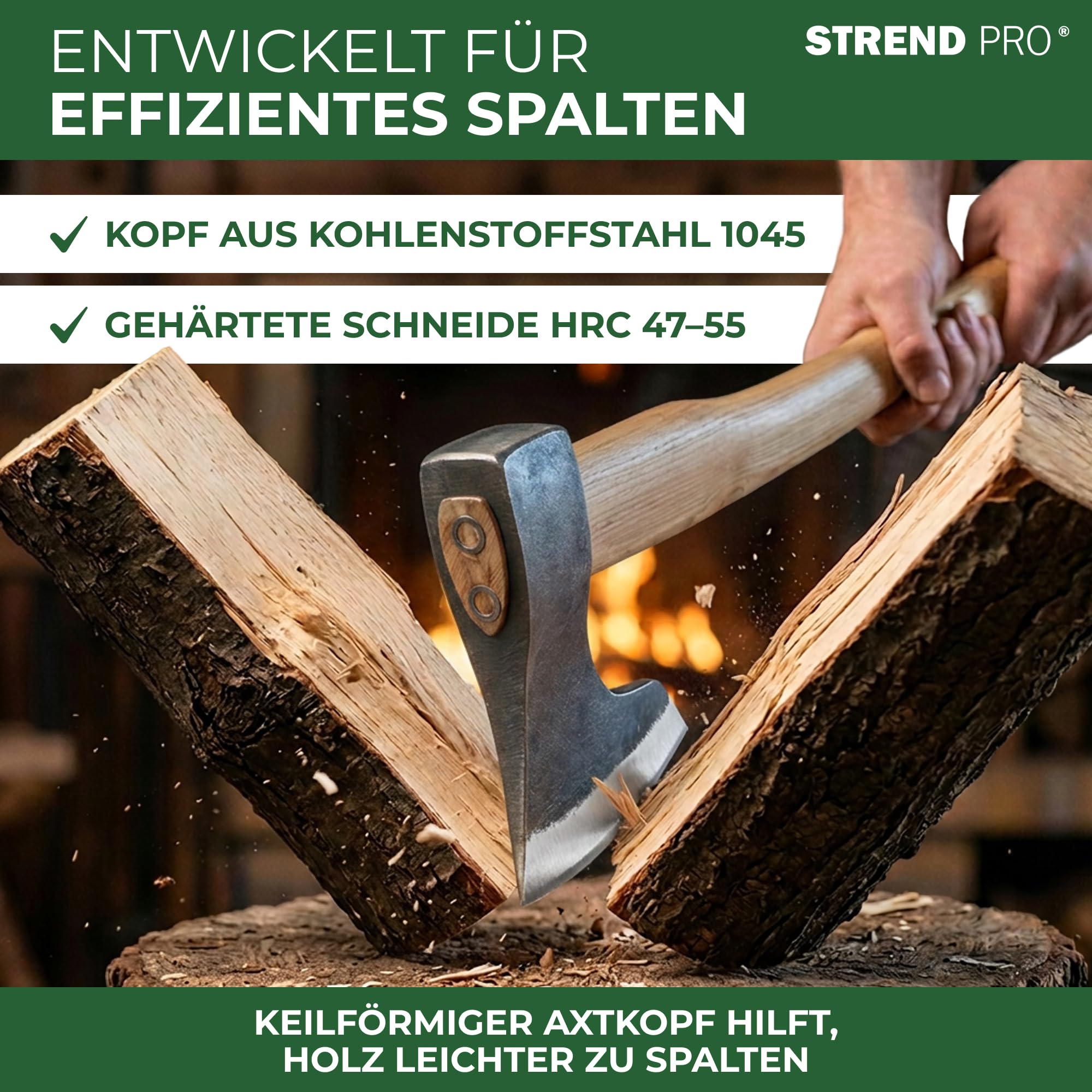 STREND PRO Spaltaxt A633 Sandblaster 1800 g | Eschenholzstiel 900 mm | gehärtete Schneide | Spaltaxt für Holz Spaltbeil Brennholz spalten Holzspalten Forstaxt Holzhacken Holzarbeiten