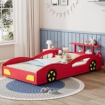 Red Race Car Bed Twin with Storage Shelf, Twin Size Wooden Car Bed Frame for Boys and Side Guardrails, Reliable Nighttime Sleep Environment Red, Twin