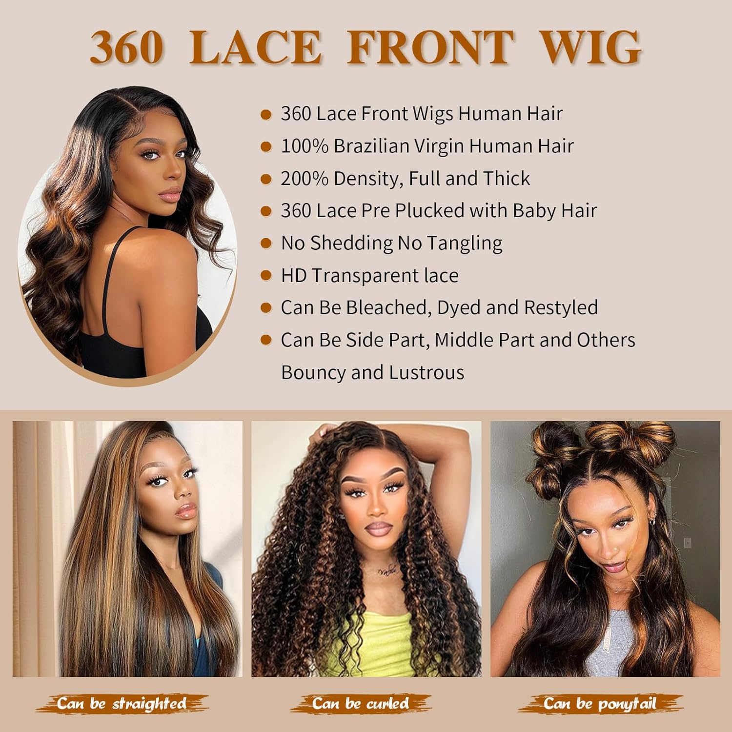 360 Lace Front Wigs Human Hair 200 Density 1B/30 Highlight Ombre Lace Front Wig Human Hair 26 Inch Glueless Wigs Human Hair Invisible Drawstring Full Lace Wig for Women Balayage Wig Human Hair