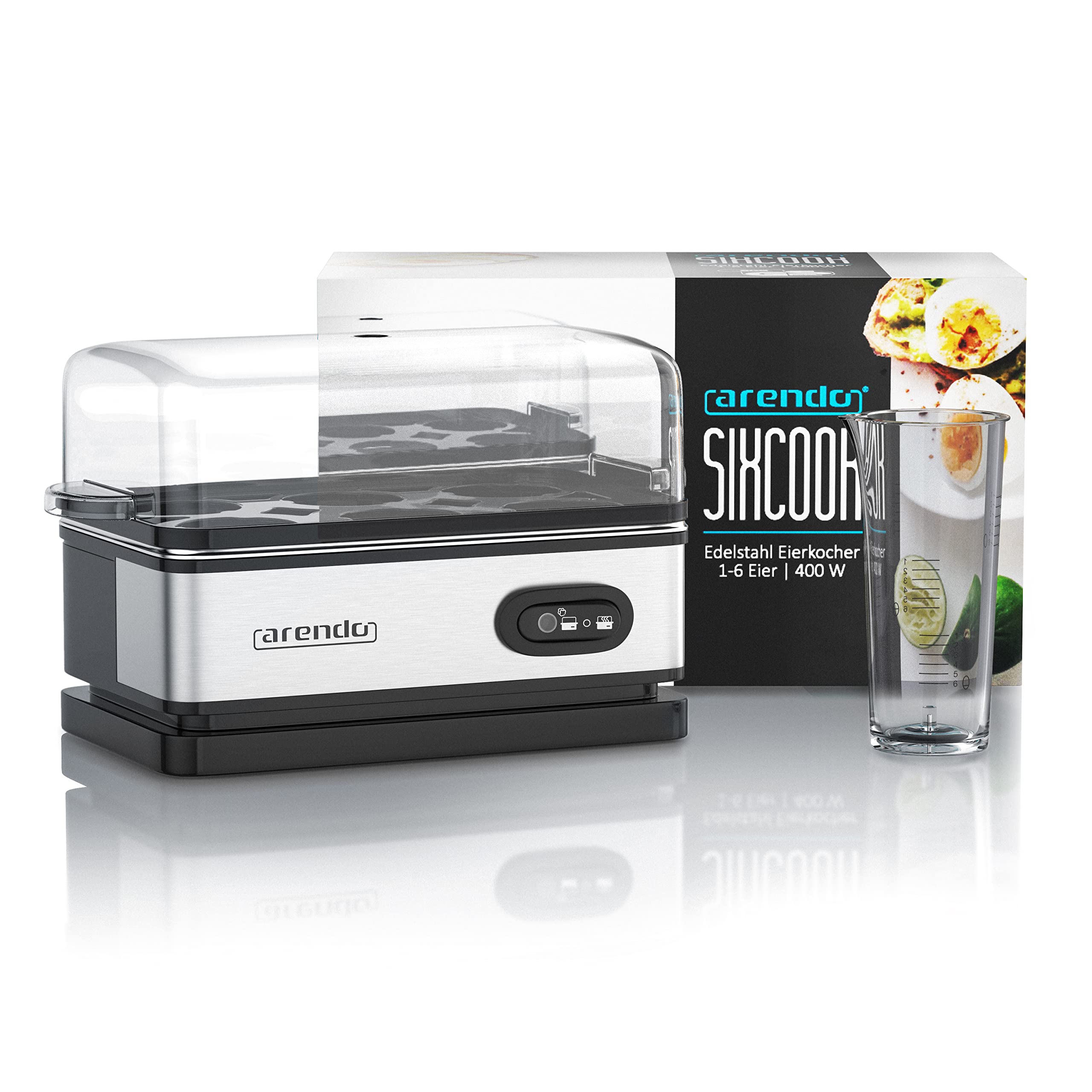 arendo - Cuoci Uova Sixcook in Acciaio Inox - Bollitore per Uova con Funzione di Mantenimento Calore - capacità 1-6 Uova - Interruttore selettore a levetta con Spia