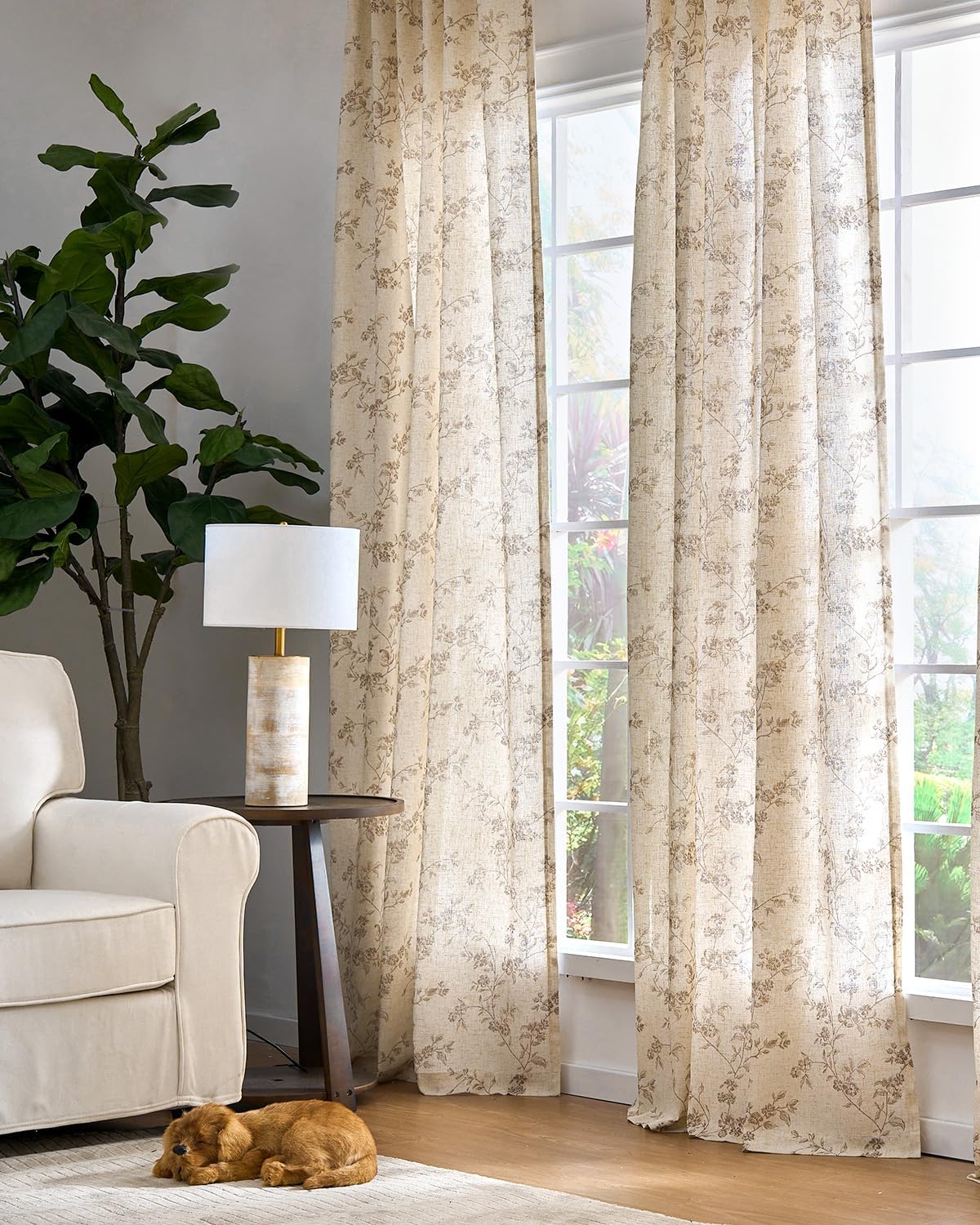 jinchan Linen Floral Curtains for Living Room 96 Inch Length Taupe Printed Curtains Back Tab French Country Farmhouse Flower Patterned Drapes Bedroom Window Curtain Set 2 Panels