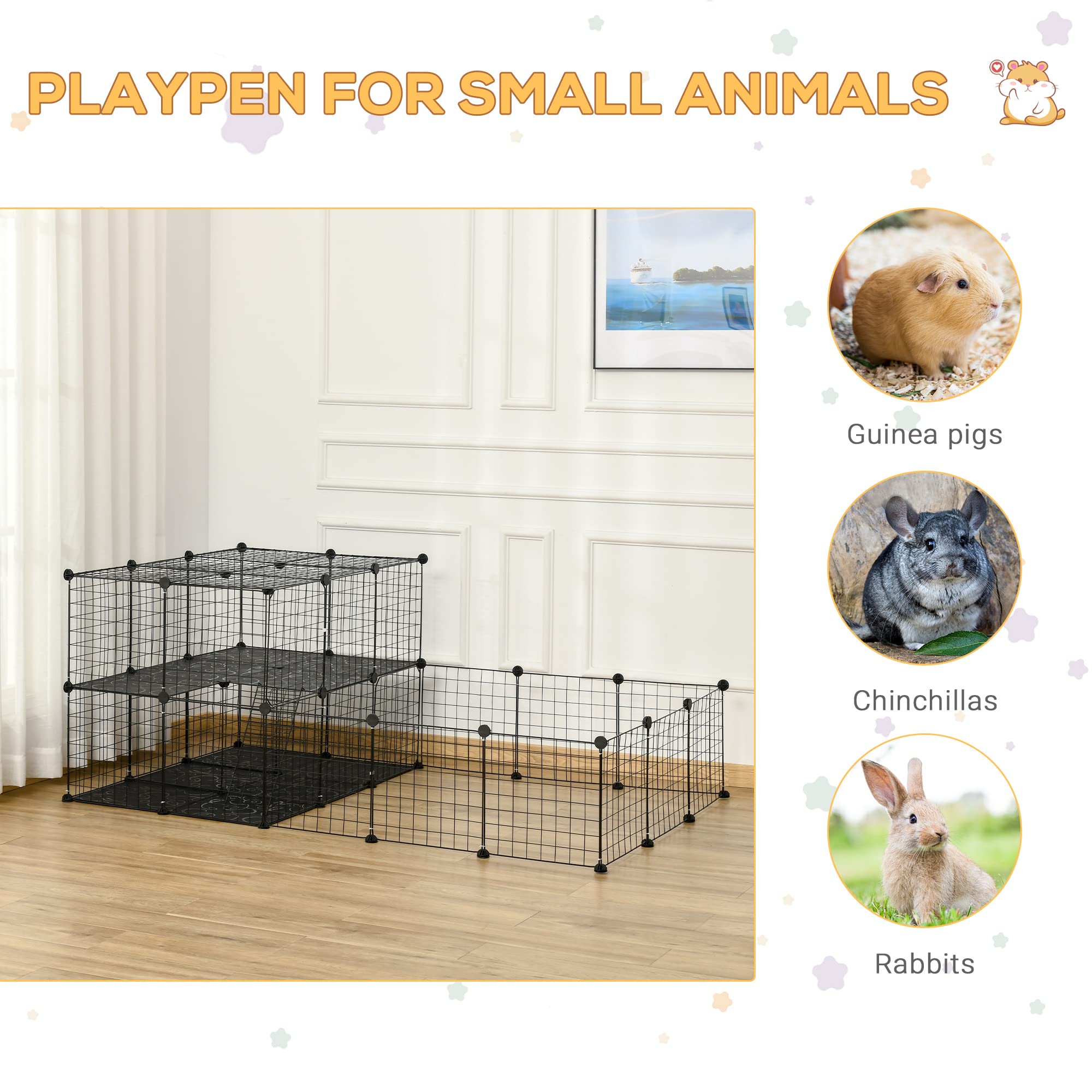 PawHut Pet Playpen Small Animal Cage with Door, Customizable Metal Wire Fence for Guinea Pigs, Puppies, Kittens, 14 x 14 in