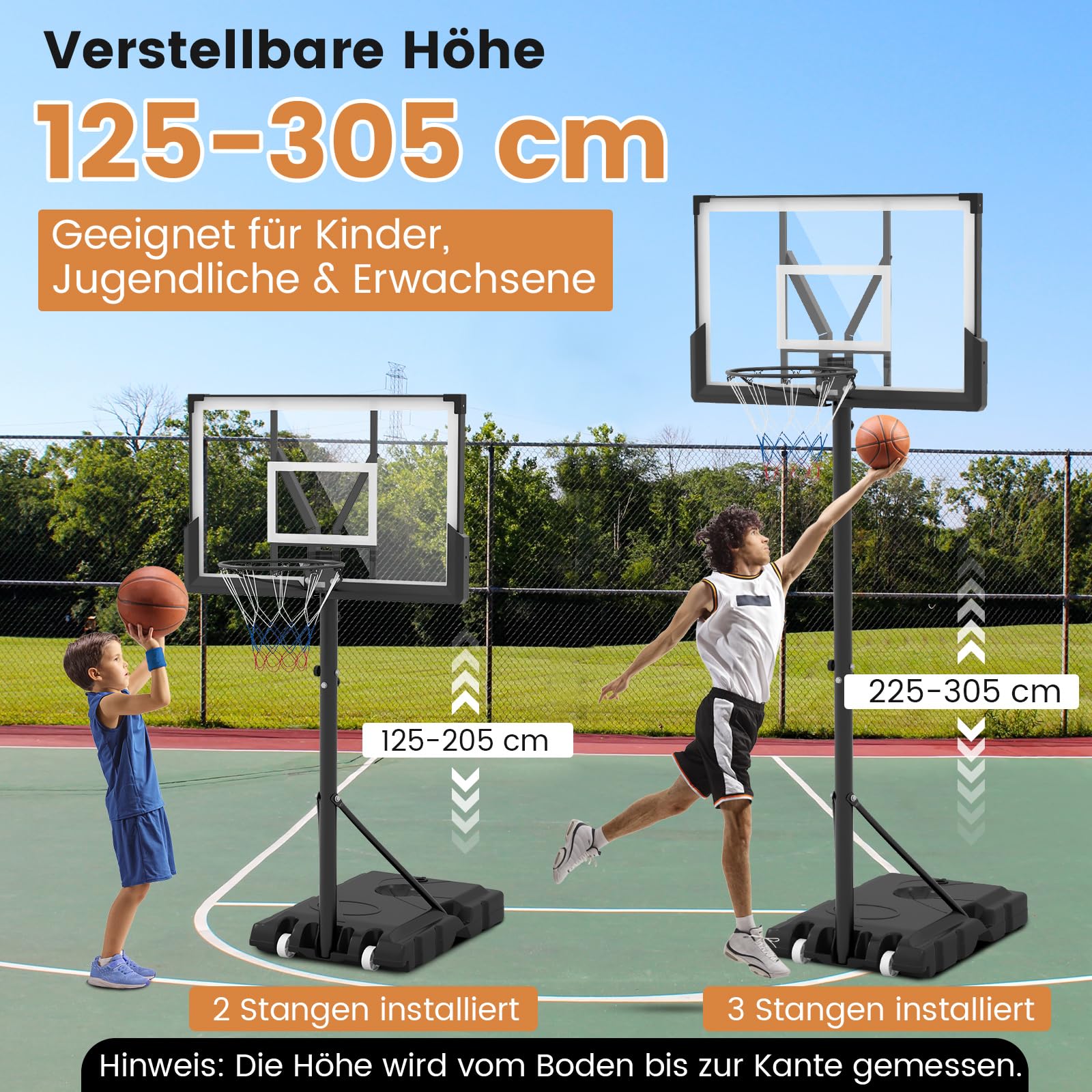 GOPLUS Basketballkorb outdoor, Korbhöhe 160-305cm verstellbar, Basketball Korb mit PC-Rückwand & Gewichtsbeutel, Basketballständer tragbar mit Rollen, Basketball hoop für Kinder Jugendliche Erwachsene