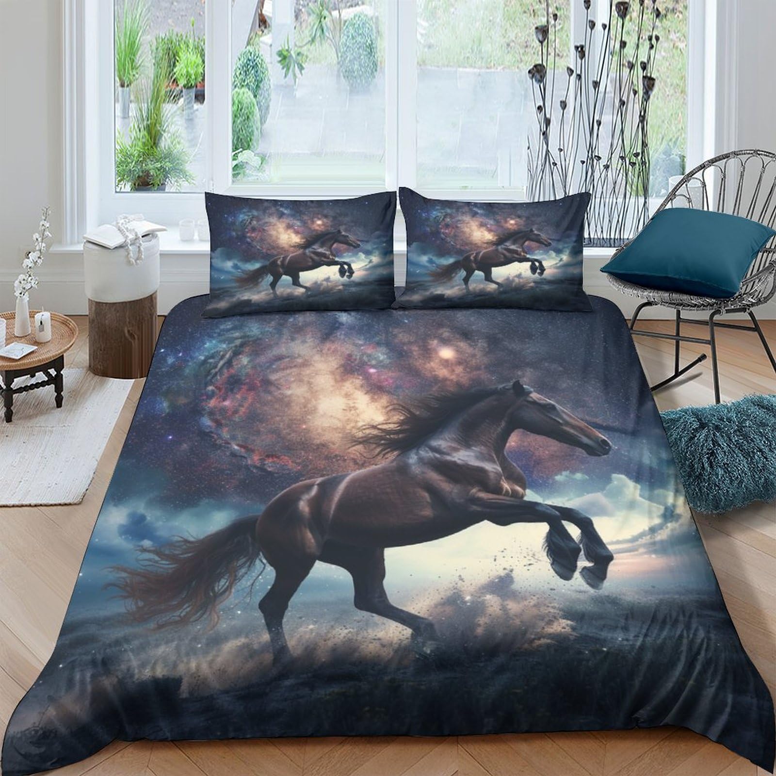 Housse de couette chevaux 200x200 cm avec 2 taies d'oreiller en microfibre douce