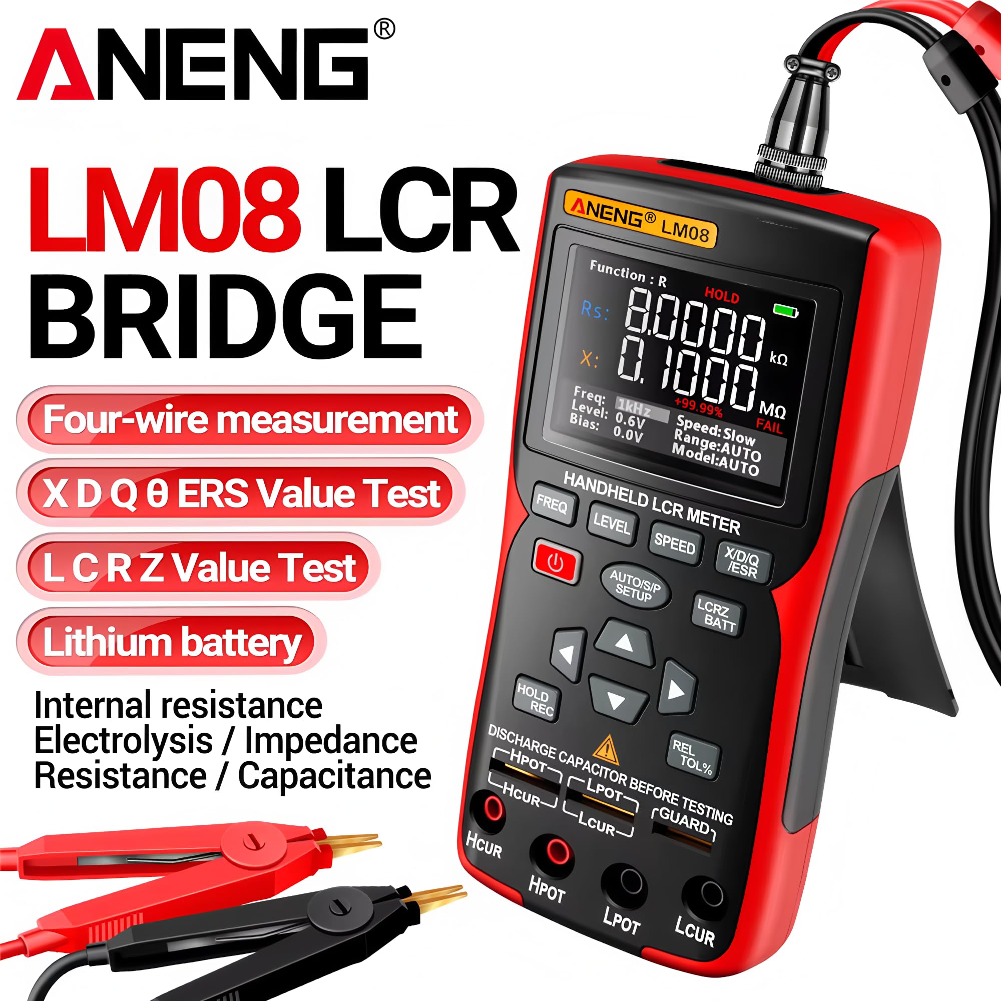 Medidor Puente LCR LM08 Medidor ESR Electrónico Multímetro Capacitor Reparación Taller Prueba Inductancia Resistencia DIY 100Hz 100kHz Herramientas de Medición (LM08+pinza Kelvin)