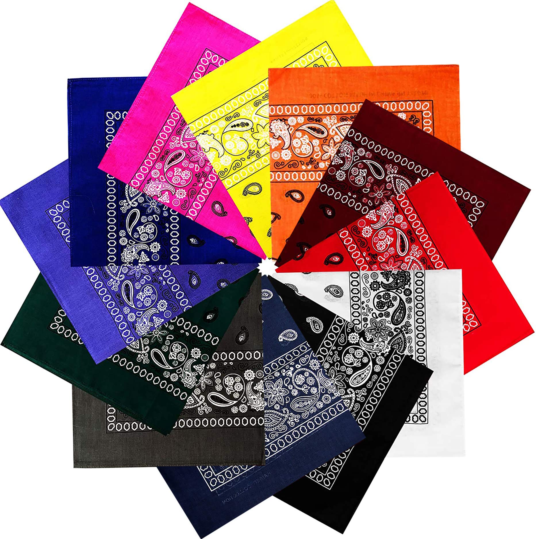 Bandana |100% Cotton, 12-Pack Bandanas for Women, Men, Dozen Novelty Headband 22” X 22”