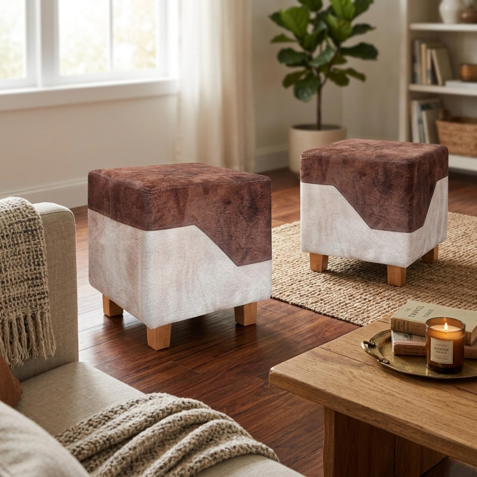 APRODZ Ottoman Stool for Living Room | Pouffes for Sitting| Foot stools | Office Stools | Decoration & Dressing Table Suede Fabric Set of 2 Dark Brown + Beige Kite Pattern-image-31