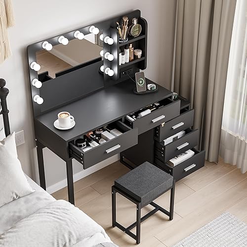 Miniatura 3 de Semiocthome Escritorio de maquillaje blanco con espejo y luces, tocador de maquillaje con tira de corriente, mesa de tocador de 39.4 pulgadas de