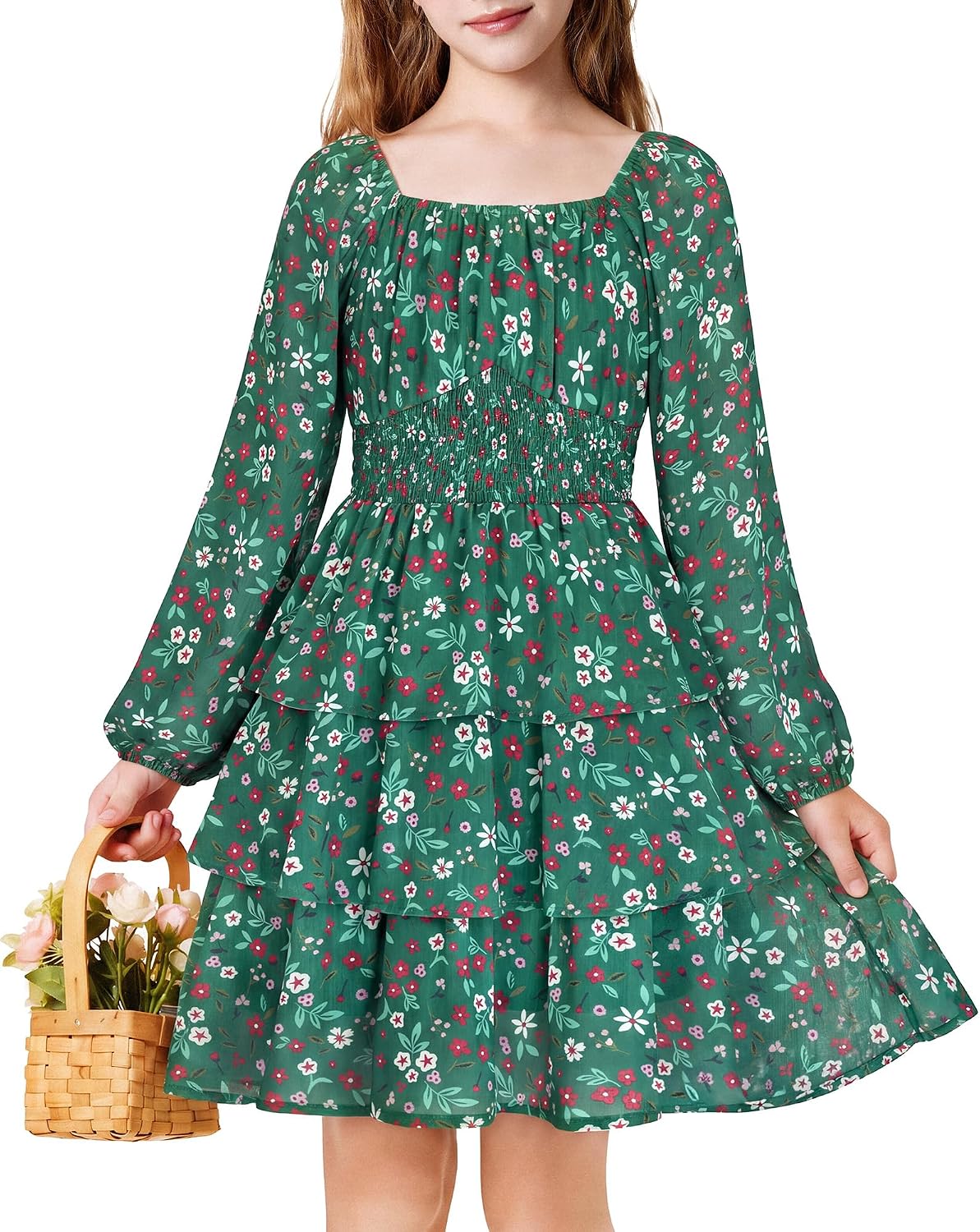XiaoMoSha Girls Long Sleeve Fall Floral Dress 3-Layer Casual A-line 6-14Y