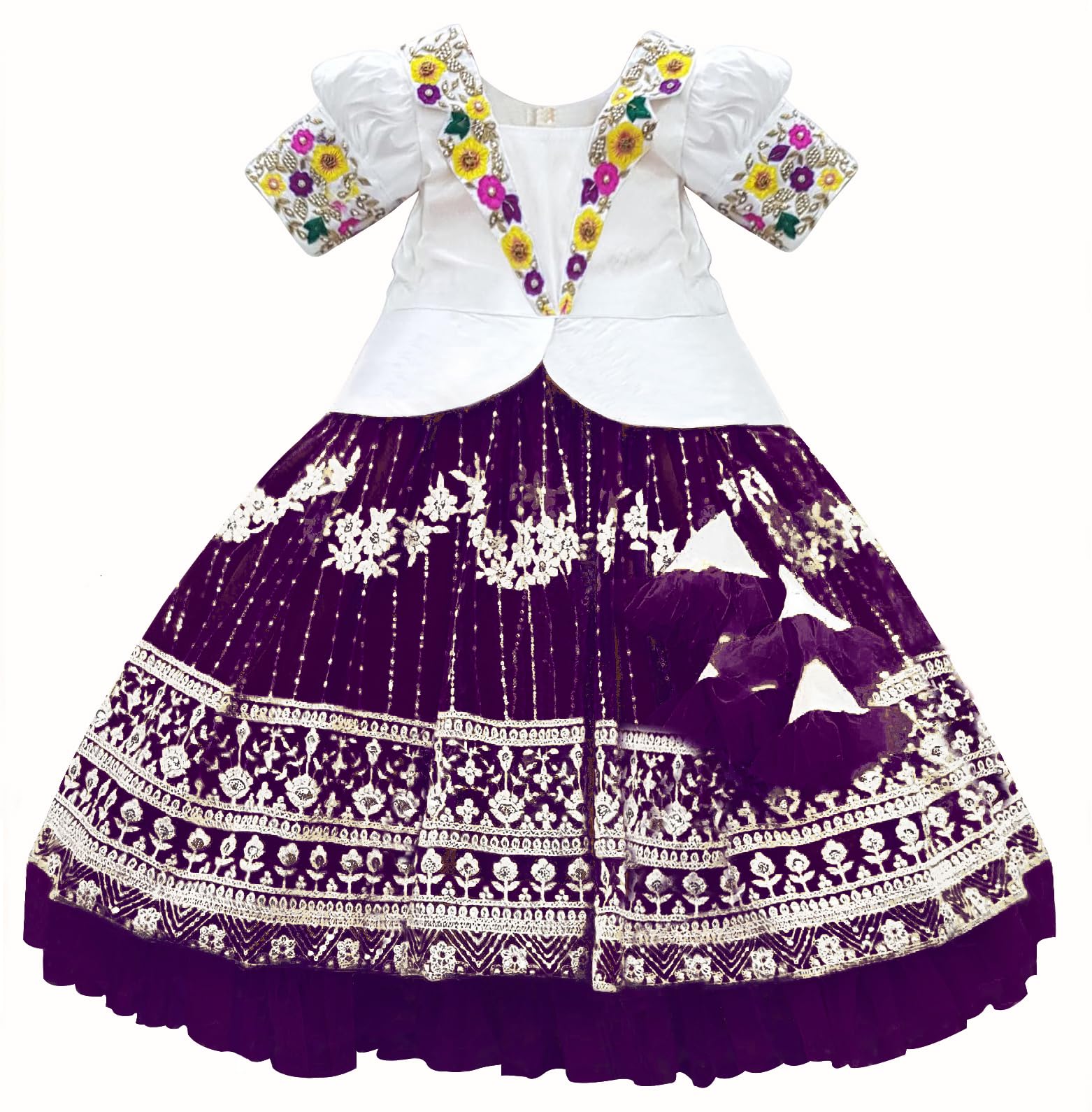 White Button Girl's Net Readymade Lehenga Choli (Purple Collar Net-12-18 Months, White_12 Months-18