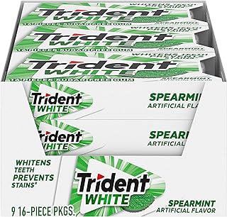 Trident White Spearmint Sugar-Free Chewing Gum, 9 Pack of 16 Pieces (144 Total Pieces)
