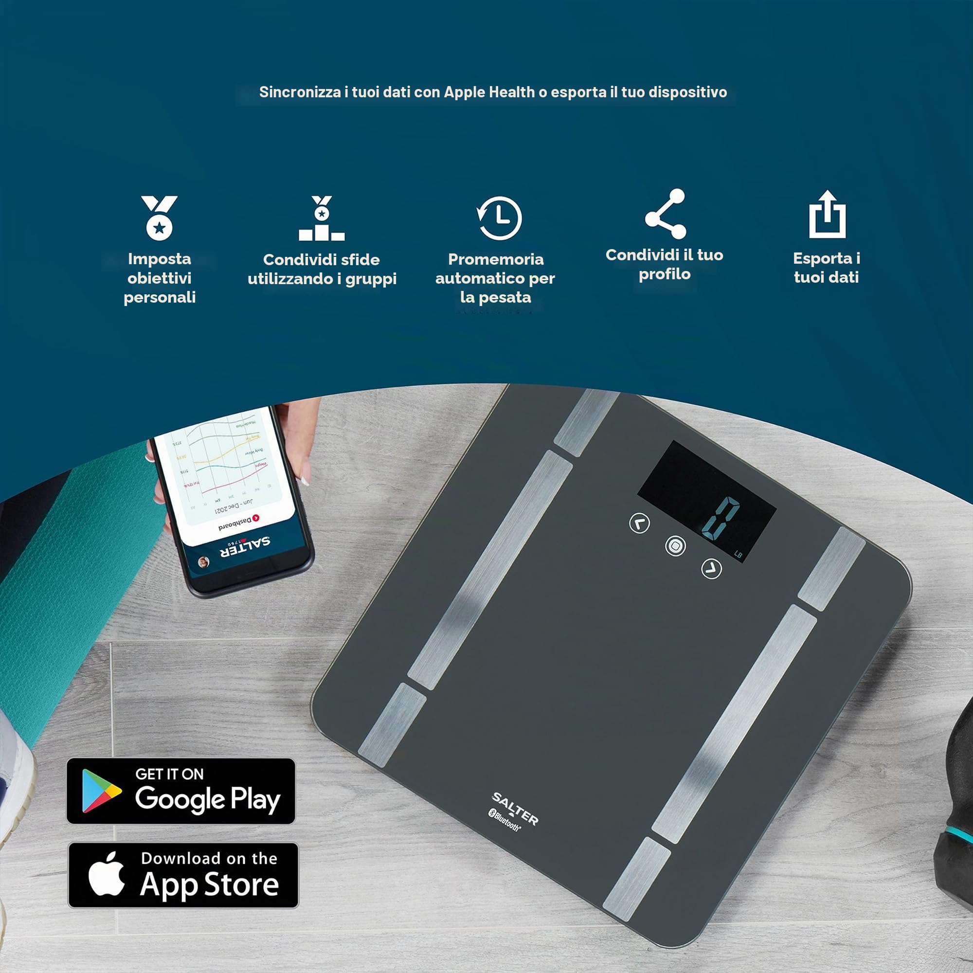 Salter 9192 BK3R Curve bilancia da bagno digitale per elettronica salter, Bilancia Bluetooth per misurare peso, grasso corporeo & massa muscolare, collegabile allo smartphone, nero