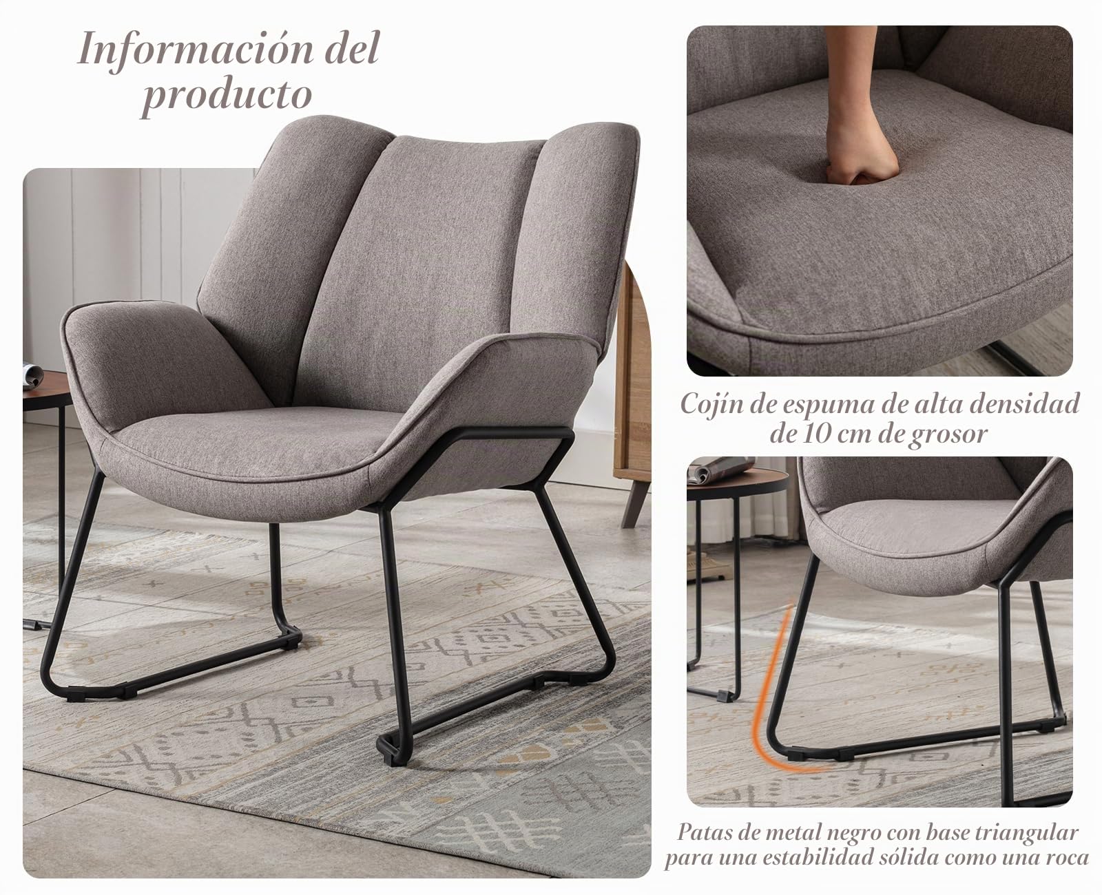 Ya-Home Sillones de Salón Individual de Lino Moderno, Butacas Pequeñas con Reposabrazos,Silla Lectura Silla de Ocio con Patas de Mrtal para Dormitorio/Sala de Estar,Gris