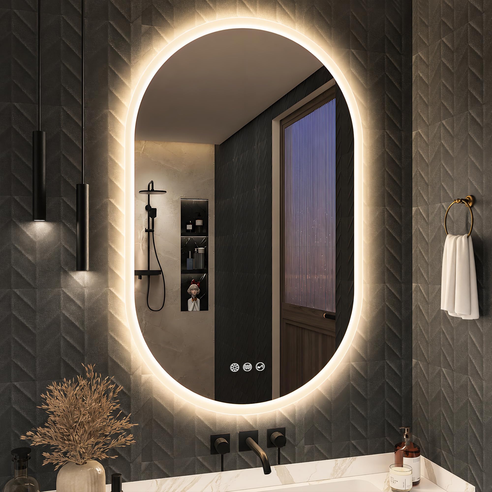 S'bagno Bluetooth Specchio Bagno con Luce Ovale 60x100cm, Anti-Fog, Specchio Bagno LED con Memoria, 3000K-6500K, Dimmerabile, Vetro Temperato HD, IP44 Impermeabile, Orizzontale/Verticale