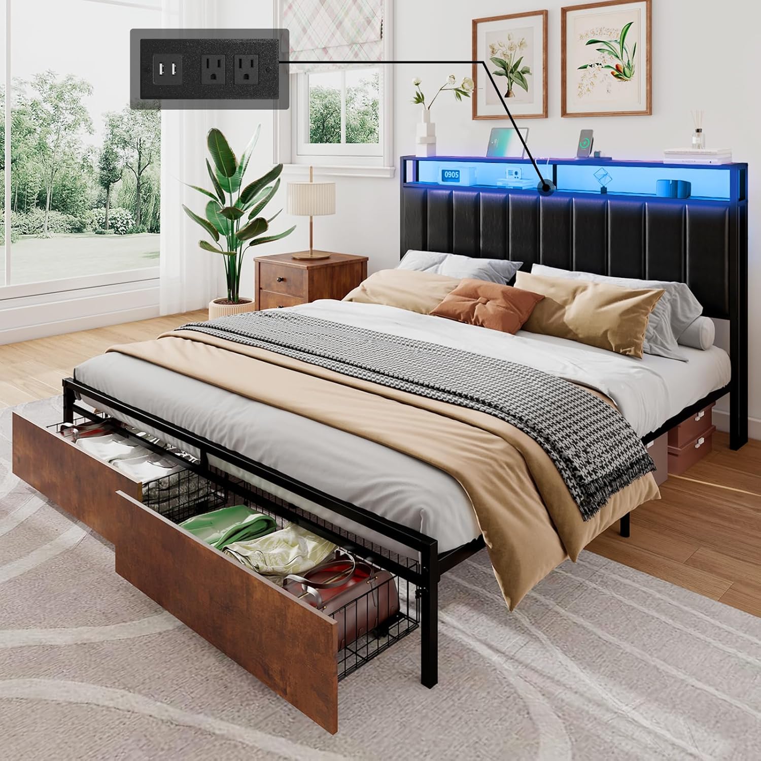 Full Metal Bed Frame with Storage Drawers and LED Headboard