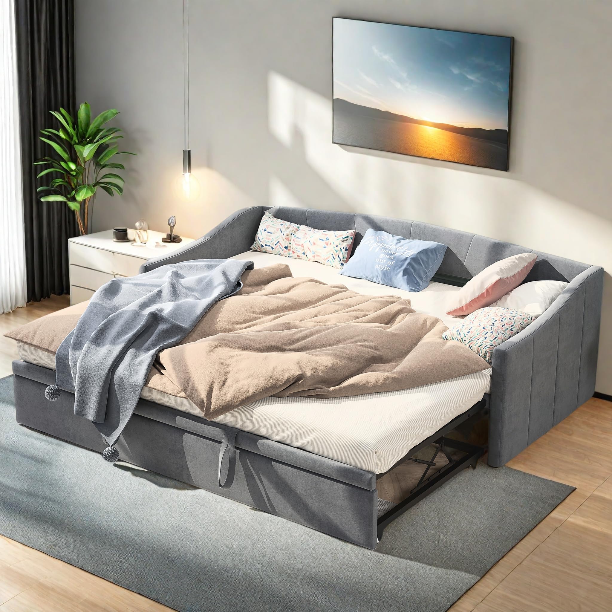 Canapé-lit Convertible 2 Places En Velours - 90/180x200 Cm, Sommier à Lattes, Sans Matelas