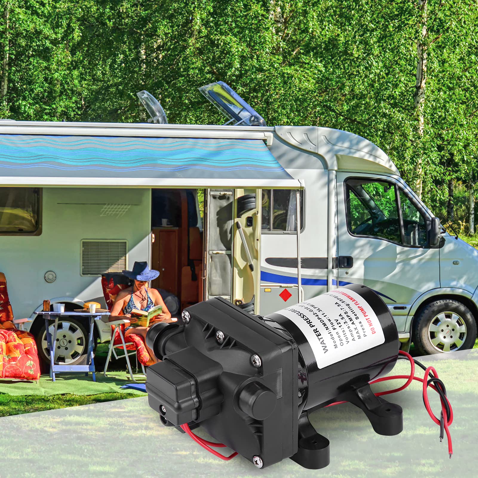 Druckwasserpumpe 12V DC, 30 psi/3,1 bar, Schwarz, PVC und Kupfer, 26,4 x 14,3 x 13 cm, für Wohnmobil
