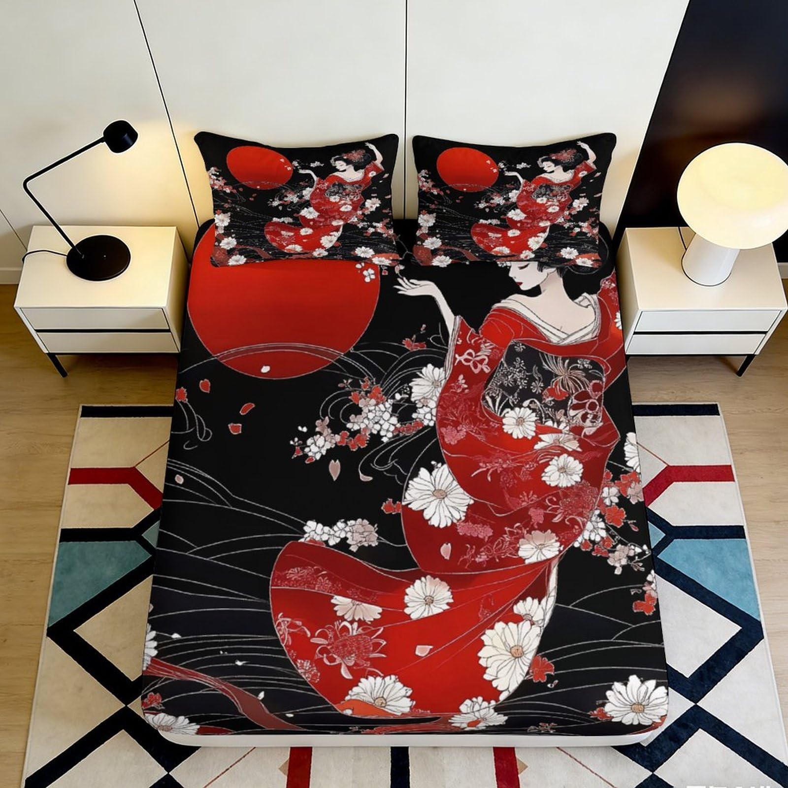 3D Printed Sakura Pattern Fitted Sheet Microfiber Non-Slip Deep Pocket Sakura Mattress Fitted Cover for Bedroom 180x200x25cm