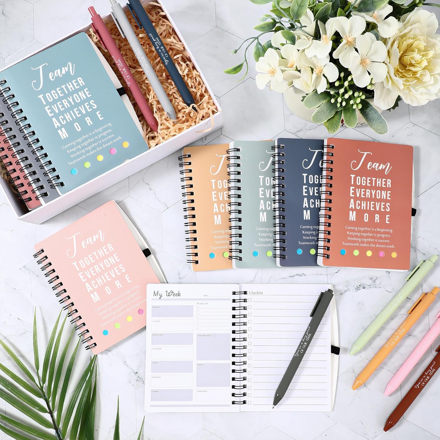 Resurhang 48 Pcs/24 Set Employee Appreciation Gift for Coworkers Staff Teacher Positive A6 Spiral Journal Notebook with Pen for Team Volunteer Week Lab Week(Bright Color,Team Together)