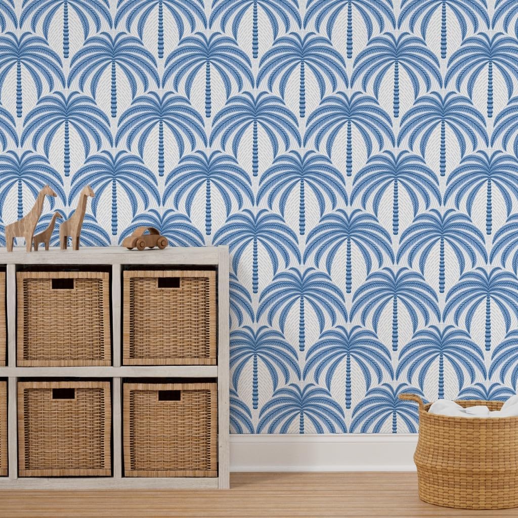 Spoonflower Peel & Stick Wallpaper 3ft x 2ft - Palm Trees Blue and White Large Scale Tropical Palms Geometric Coastal Nautical Custom Removable Wallpaper