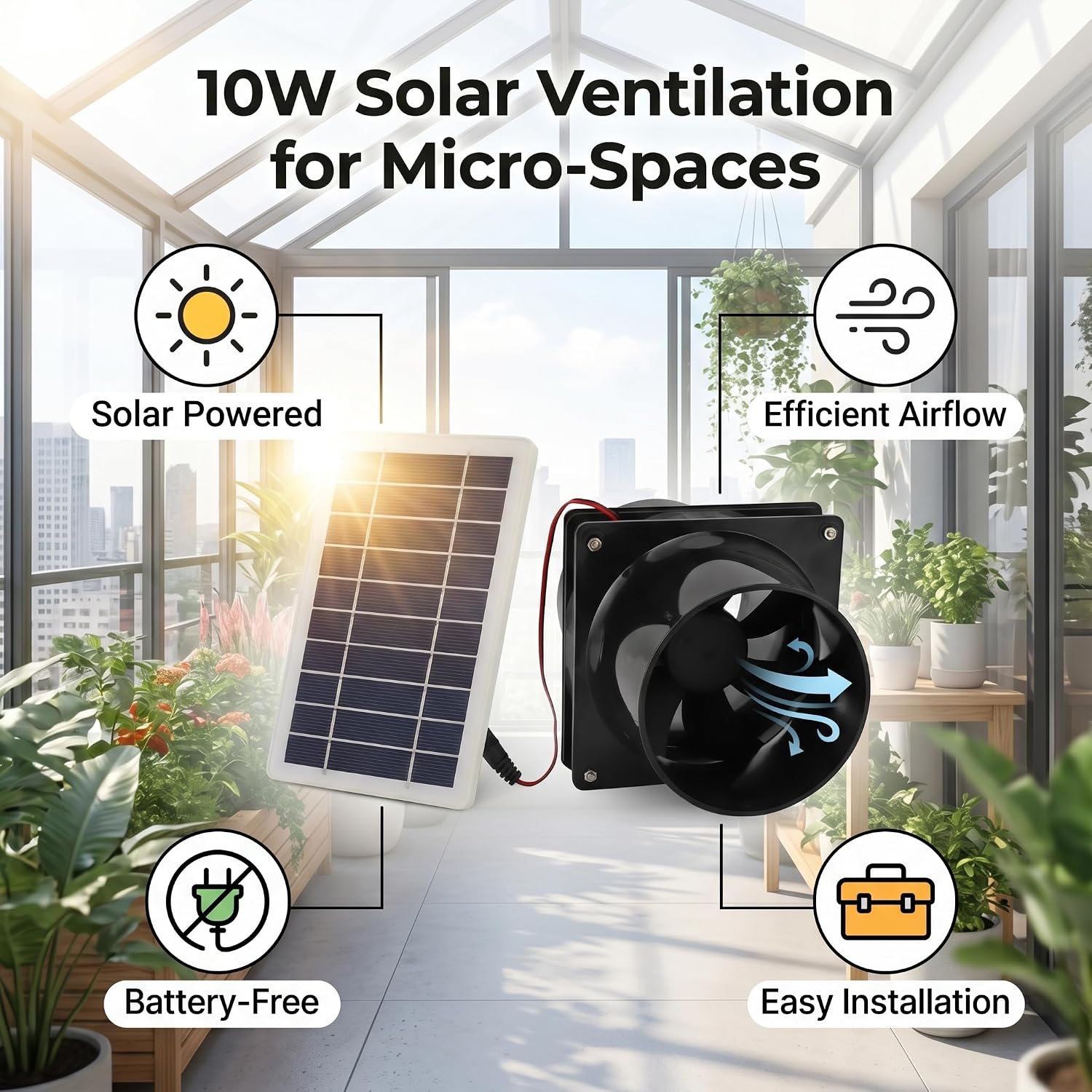 Solar Powered Efficient Cooling Exhaust Fan for Round Pipe 10W 12V Ventilation Fan Kit with ABS Material for Round Pipe Greenhouse Chicken Coop RV Essentials