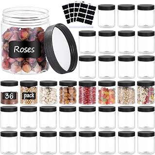 OUSHINAN 36 Pack 8oz Clear Plastic Jars with Black Screw Lids & Labels - Airtight Slime Containers for Food, Lotion, Crafts