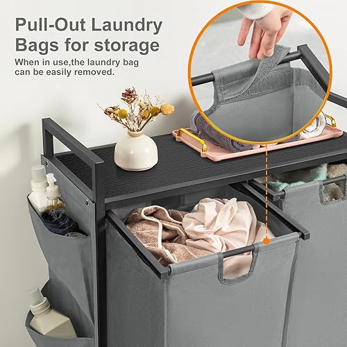 Miniatura 5 de WOWLIVE Cesta de lavandería doble con tapa, organizador de lavandería con ruedas, clasificador de ropa sucia hecho de hierro con estante superior y