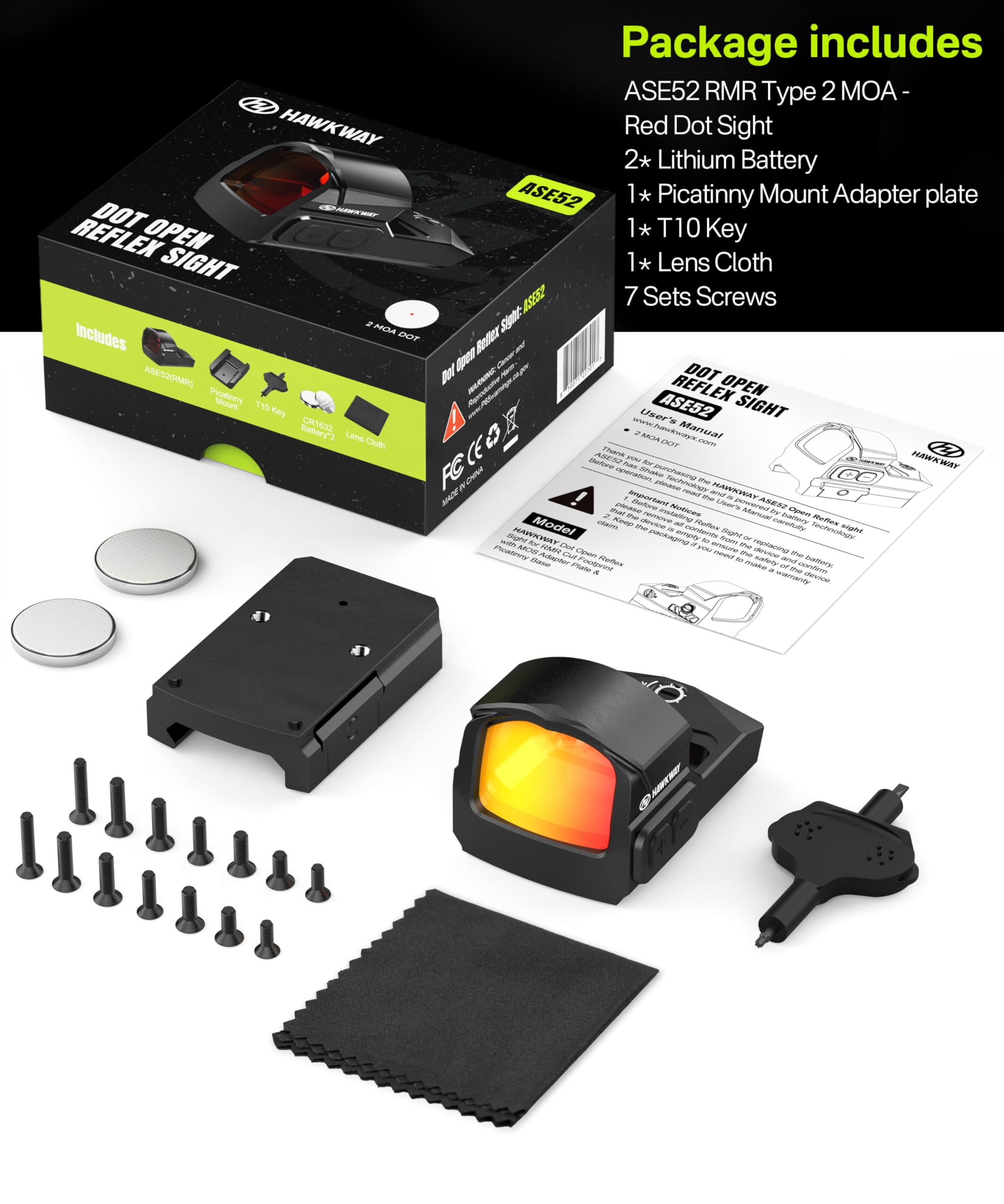 HAWKWAY Interrupteur à secouer automatique LED 2 MOA Red Dot sans parallaxe pour une empreinte RMR pleine grandeur