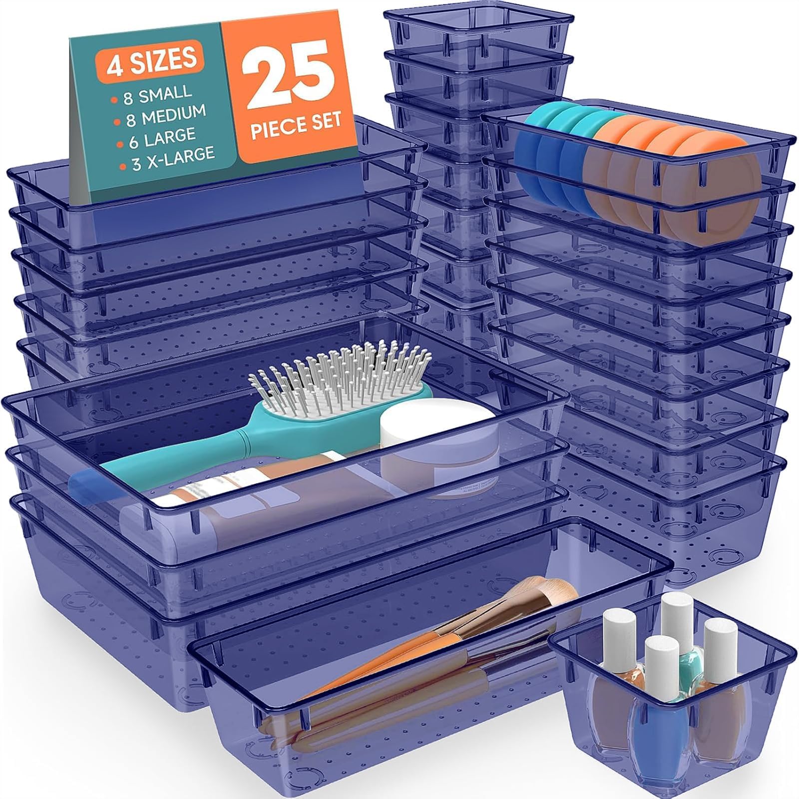 SpaceHacks 25 PCS Plastic Drawer Organizer, 4-Size Versatile Organizer Trays &amp; storage Bins