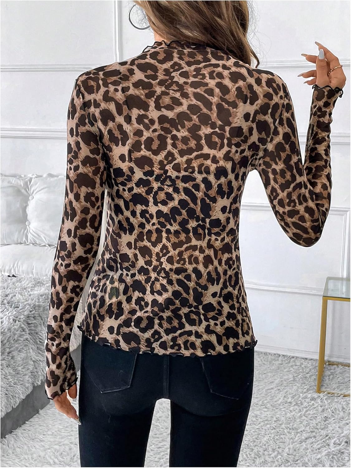 WDIRARA Women's Sheer Leopard Print Lettuce Trim Top Mock Neck Long Sleeve T Shirt Mesh Crop Tops - Image 2