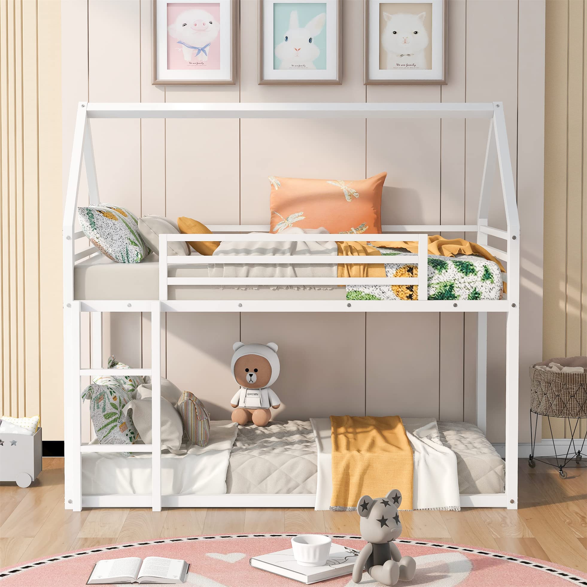 Amazon.com: Harper & Bright Designs House Bunk Bed for Kids, Twin Over Twin  Bunk Bed with Roof and Built-in Ladder, Floor Bunk Bed with Metal Frame  (White) : Home & Kitchen