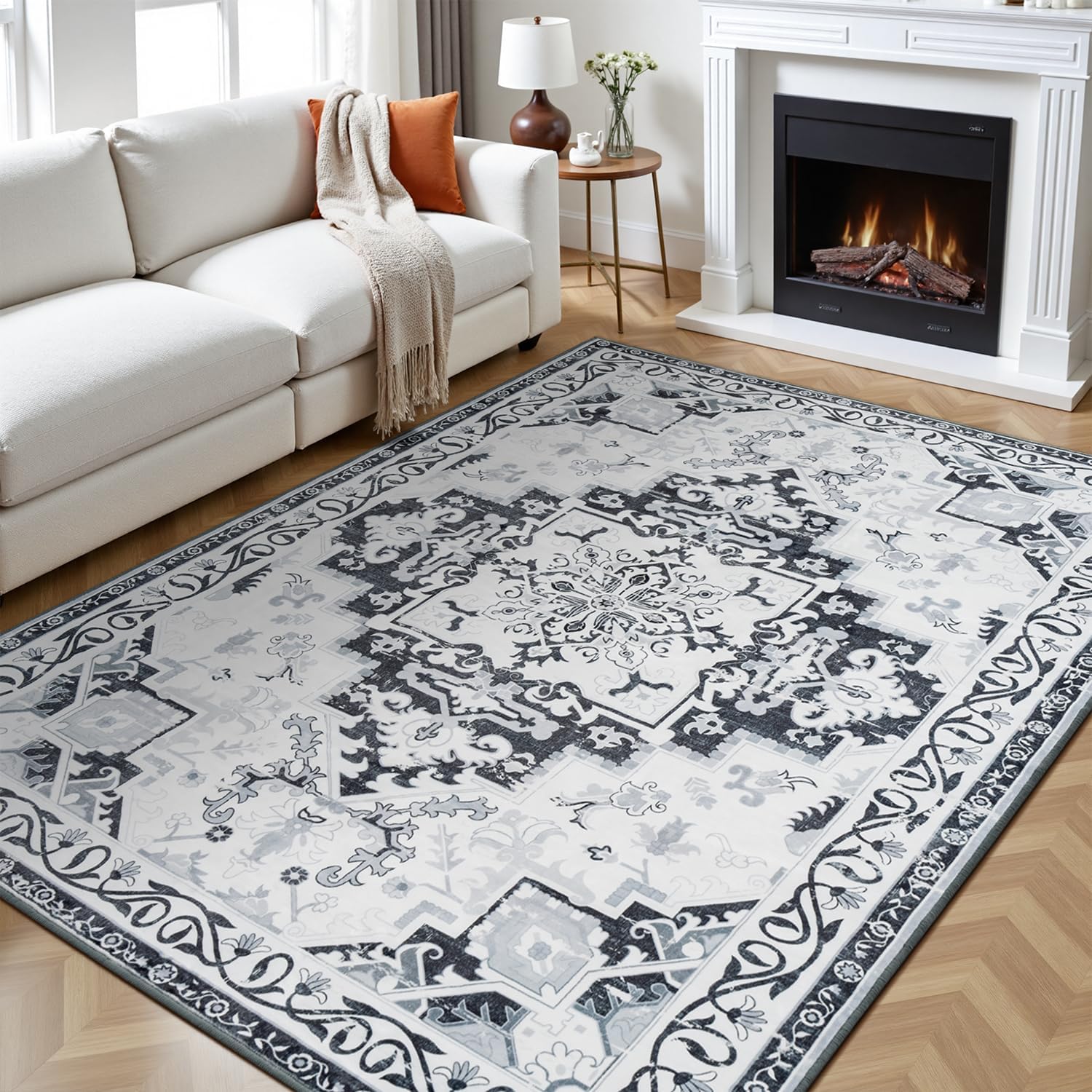 Rugflix 5x7 Area Rug for Living Room, Machine Washable Area Rugs with Non-Slip Backing, Large Soft Boho Vintage Rug for Bedroom, Dining Room, Low Pile Carpet, Kids Pet Friendly, Grey Grey White 5' x 7' (Rectangular)