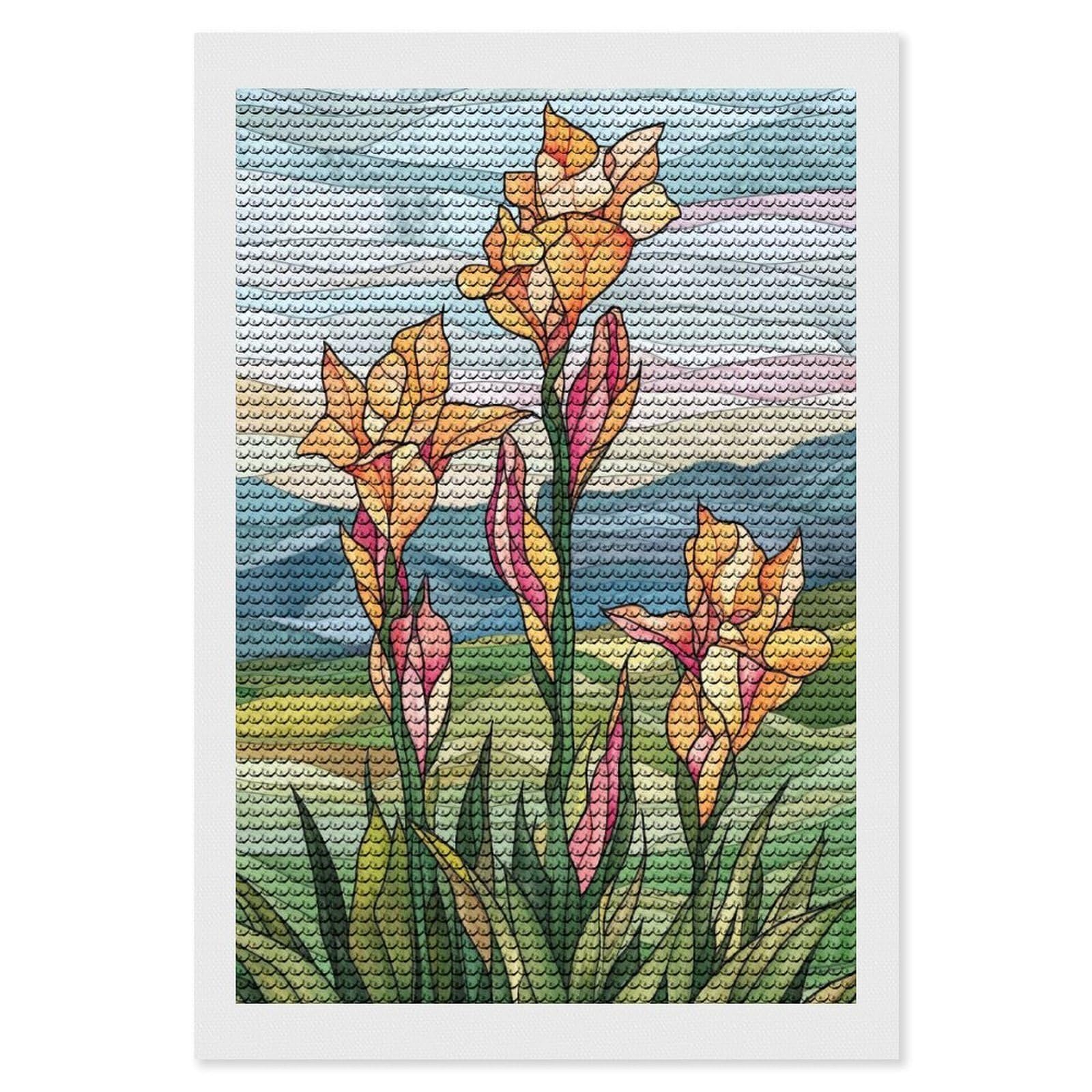 Junmoney Stained Glass Flowers Diamond Art Canvas 8"x12", for Adults, Printed Canvas, Home Wall Decor, Gift Idea, Mindful Craft Activity