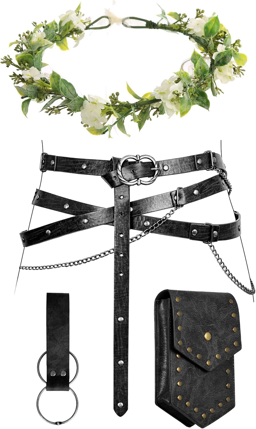 Medieval Belt with Renaissance Bag & Detachable Chains, Vintage Faux Leather Waist Pouch Dresses Belt