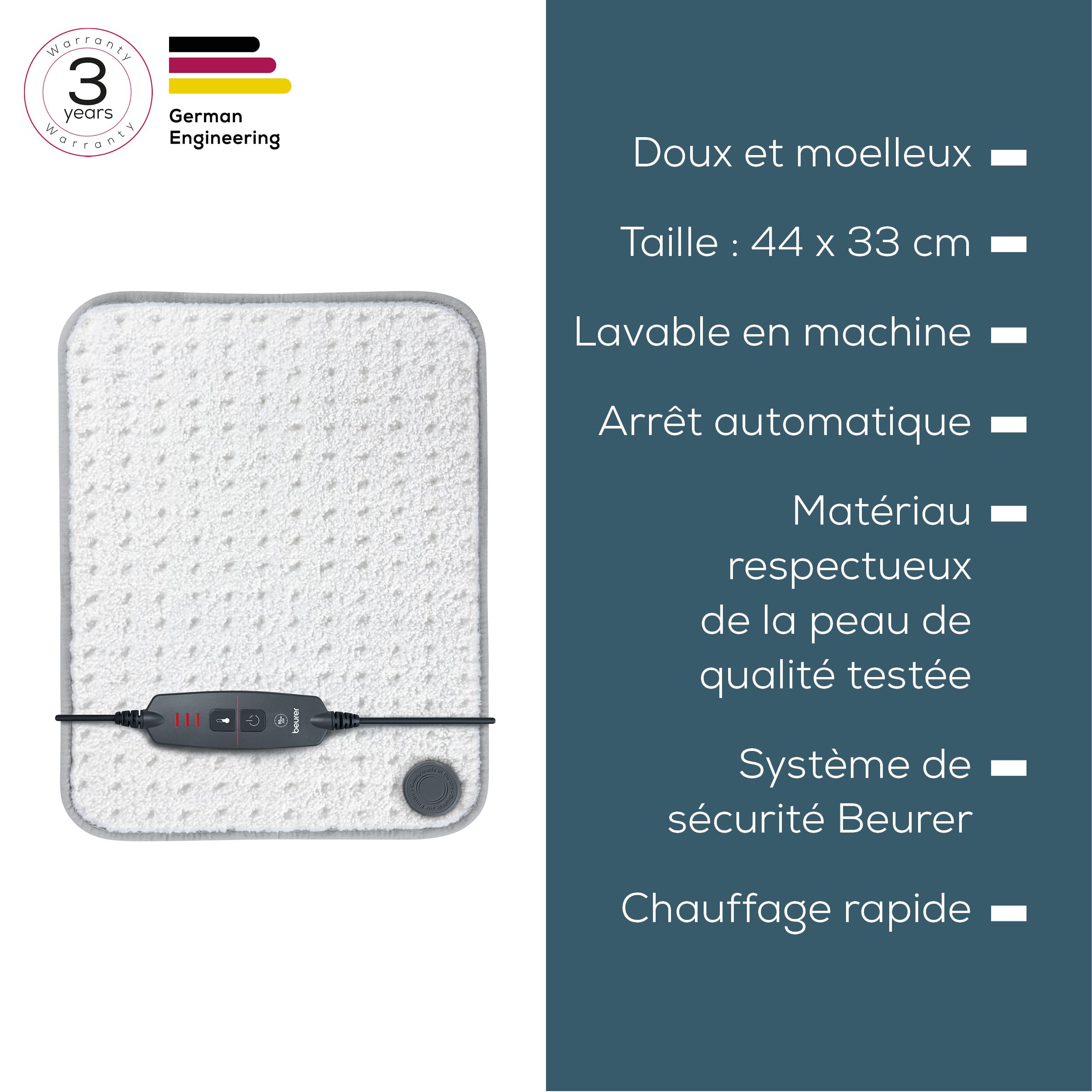 Beurer HK 43 Coussin Chauffant Électrique, Coussin Thermique Extra Moelleux avec Arrêt Automatique et 3 Niveaux de Température, Lavable en Machine Jusqu'à 30 °C, Blanc
