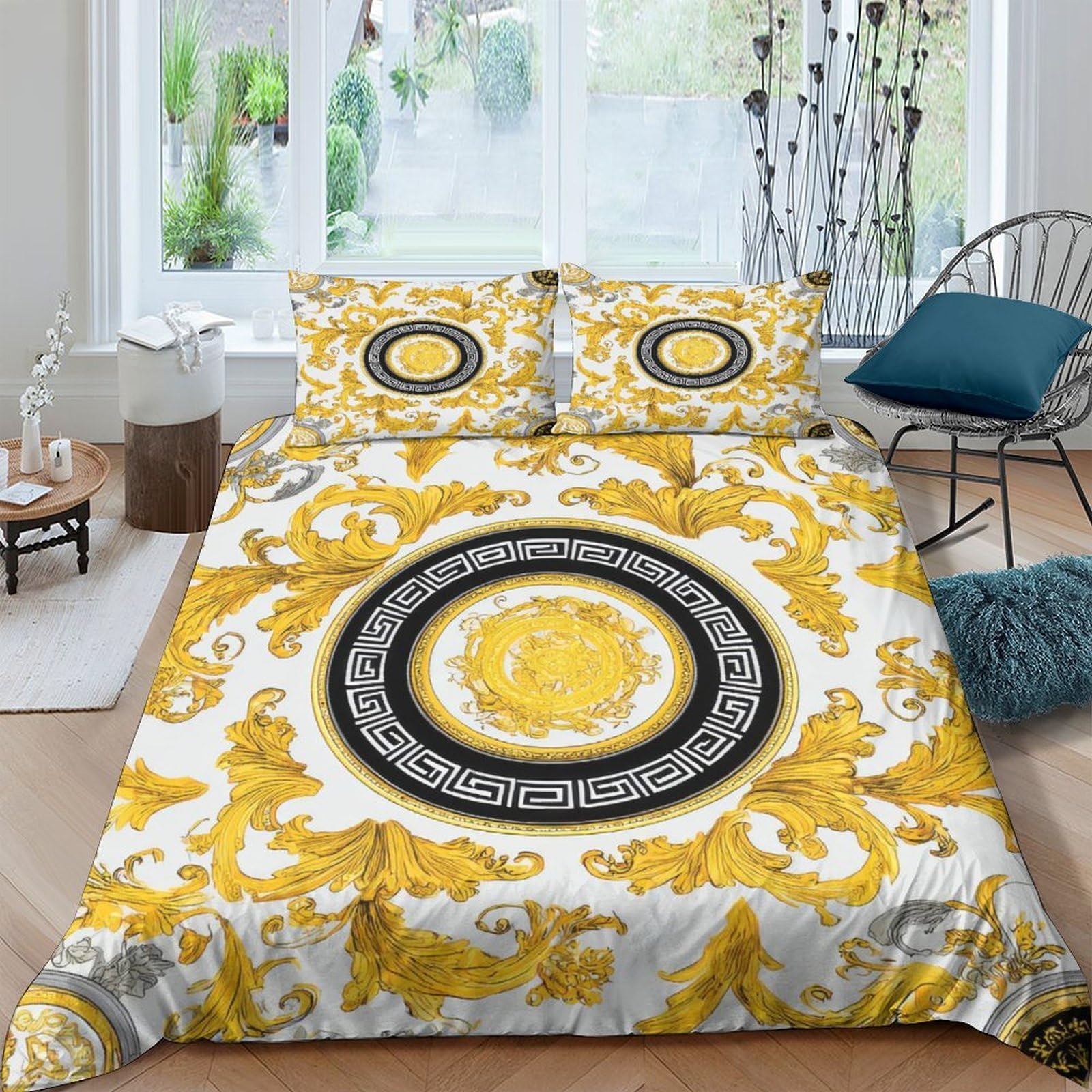 GPLZQXKJNH 3D Printed Baroque Mandala Duvet Cover Set Microfiber Soft Yellow White Quilt Cover with 2 Pillowcases for Bedroom Decor Single（135x200cm）