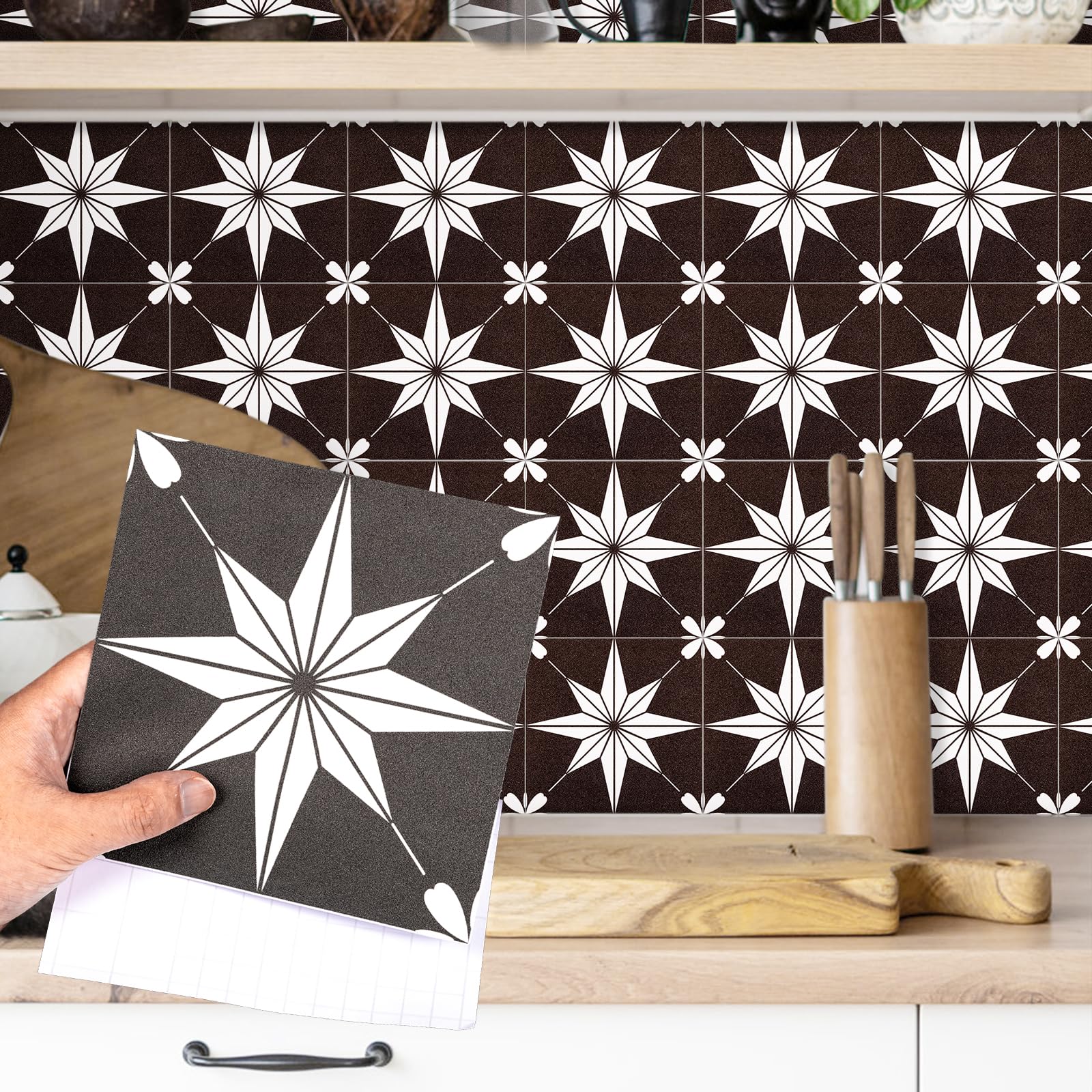 Fantasnight Tile Stickers Black, Stars Stick on Tiles Matt 15x15cm 24Pcs, Vinyl Self Adhesive Wall Tiles, Waterproof Peel and Stick for Bathroom, Removable Backsplash for Kitchen