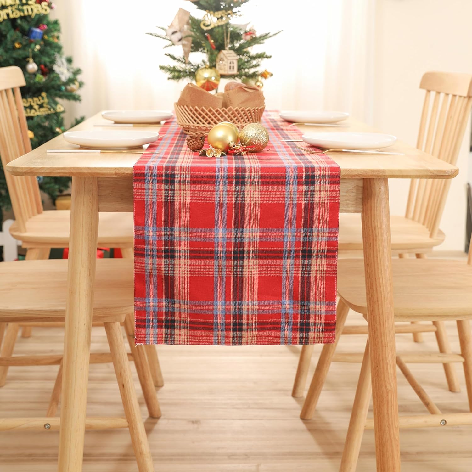 Red Check Plaid Table Runner 14" x 72" Classic Scottish Tartan Striped Xmas Farmhouse Table Runner for Holiday Picnic Kitchen Dining Table Runner 14" x 72" Red