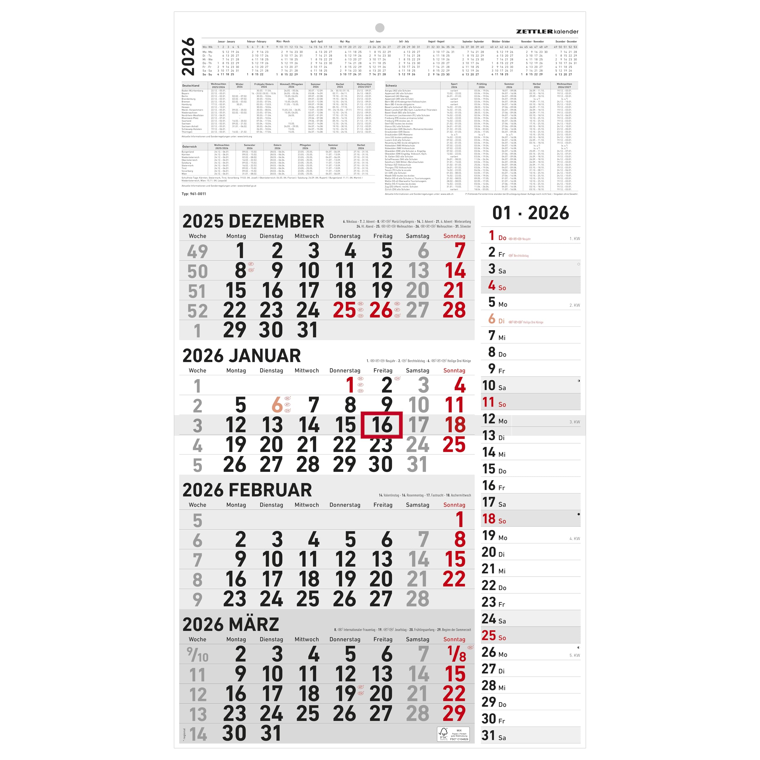 Zettler 4-Monatskalender Kombi 2026 – Wandkalender 33 × 59 cm mit Datumsschieber, 4 Monate pro Blatt, Extra-Streifenkalendarium für Notizen, Monatsübersicht Dez. 2025–Jan. 2027, Ferien & Feiertage