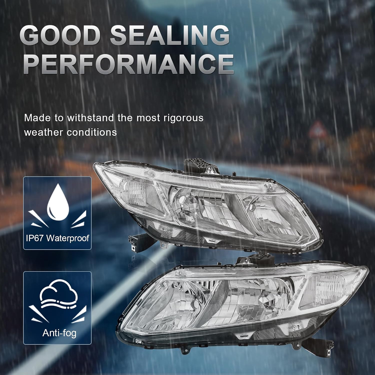 KUIPERAUTO Pair Headlights Assembly Compatible for 2012-2015 Honda Civic Sedan 4-Door/Compatible for 2012-2013 Civic Coupe 2-Door Halogen Clear Lens Chrome Housing Clear Reflector （Set of 2
