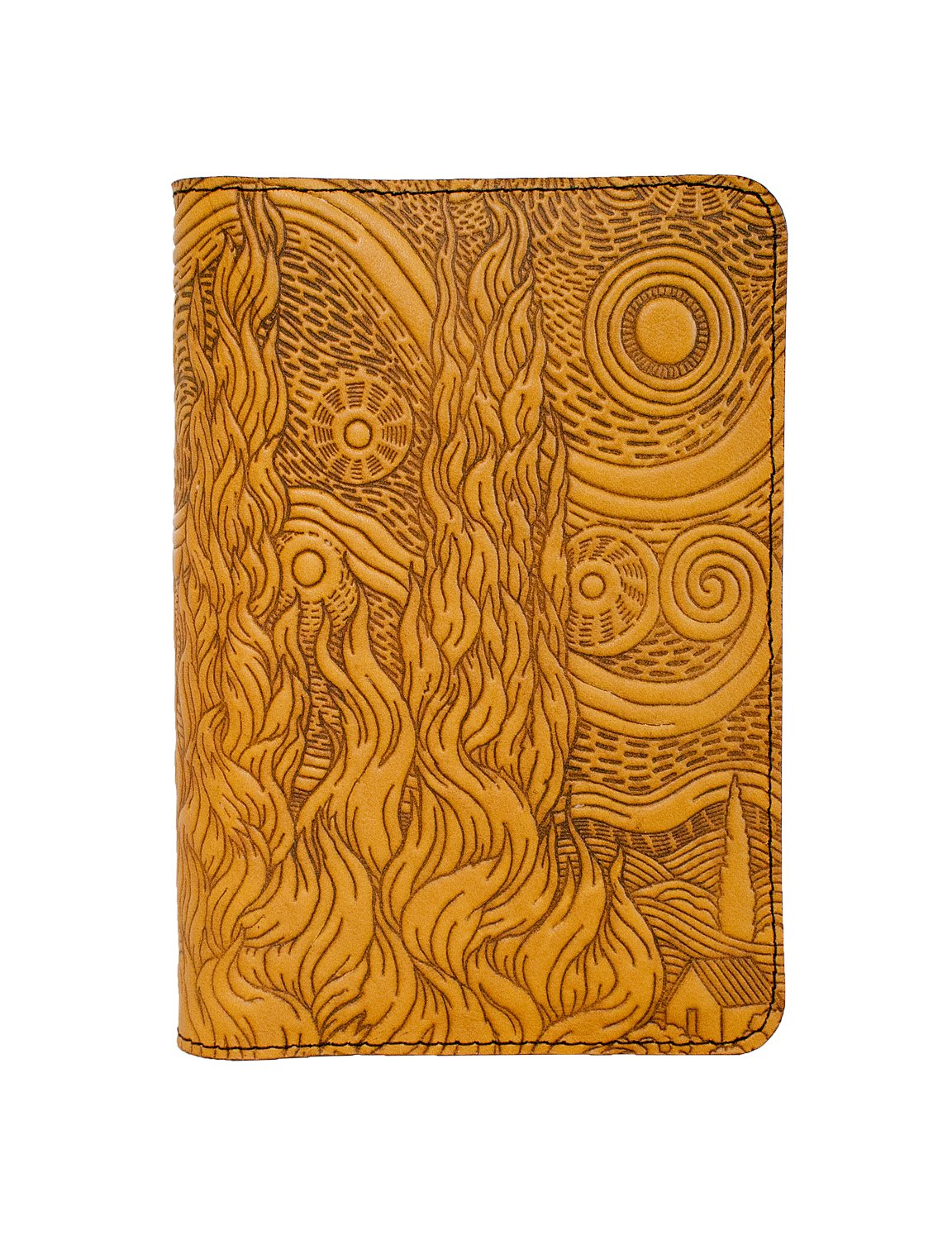 Oberon Design Van Gogh Sky Pocket Notebook Cover, Fits Many 5.5 x 3.5 Inch Notebooks, Embossed Genuine Leather, Marigold Color, Made in The USA