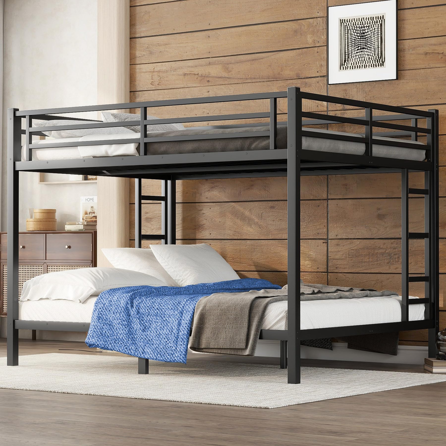 Queen Over Queen Bunk Bed,Heavy Duty Metal Bunk Bed Frame for Adults,2 Side Ladder,Guardrail,Space-Saving,Noise Reduced,No Box Spring Needed,Black (Black, Queen Over Queen)