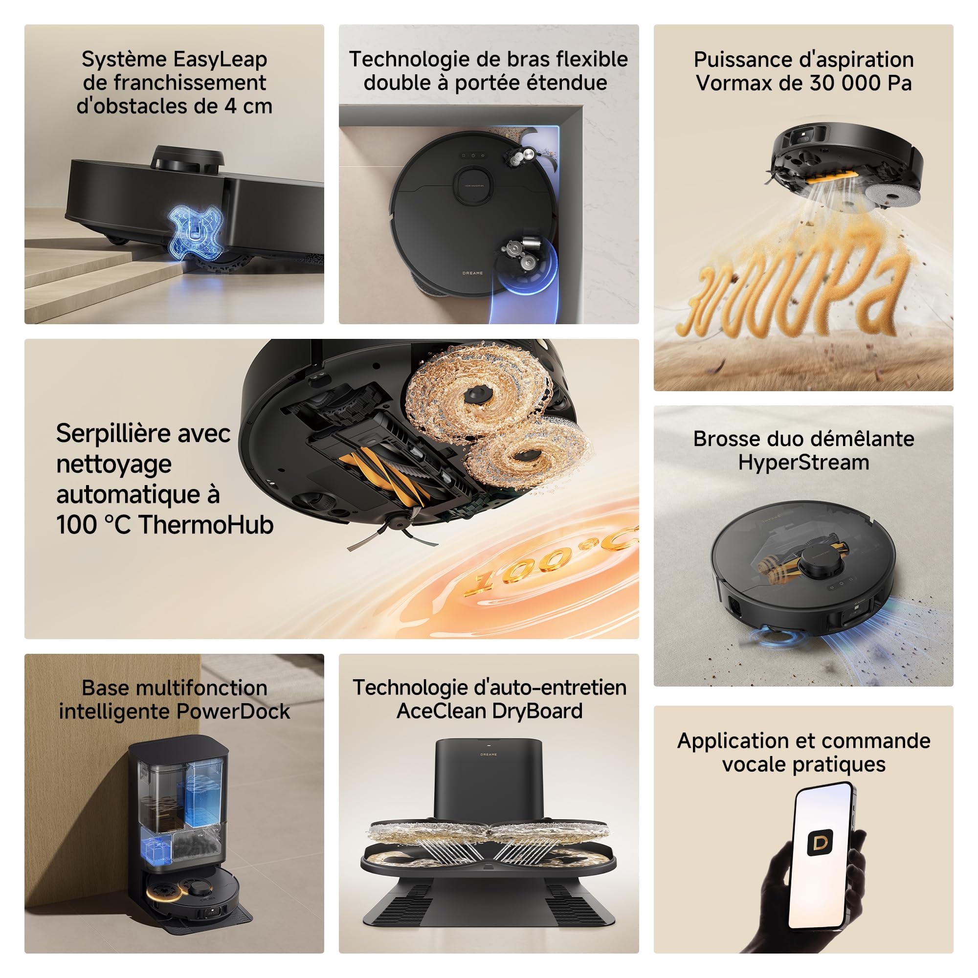 dreame L50s Pro Ultra Robot aspirateur Laveur, 30 000 Pa, 100 Jours de vidage Automatique, Nettoyage des serpillières à Haute température, Nettoyage des Bords et des Coins, Brosse Anti-enchevêtrement