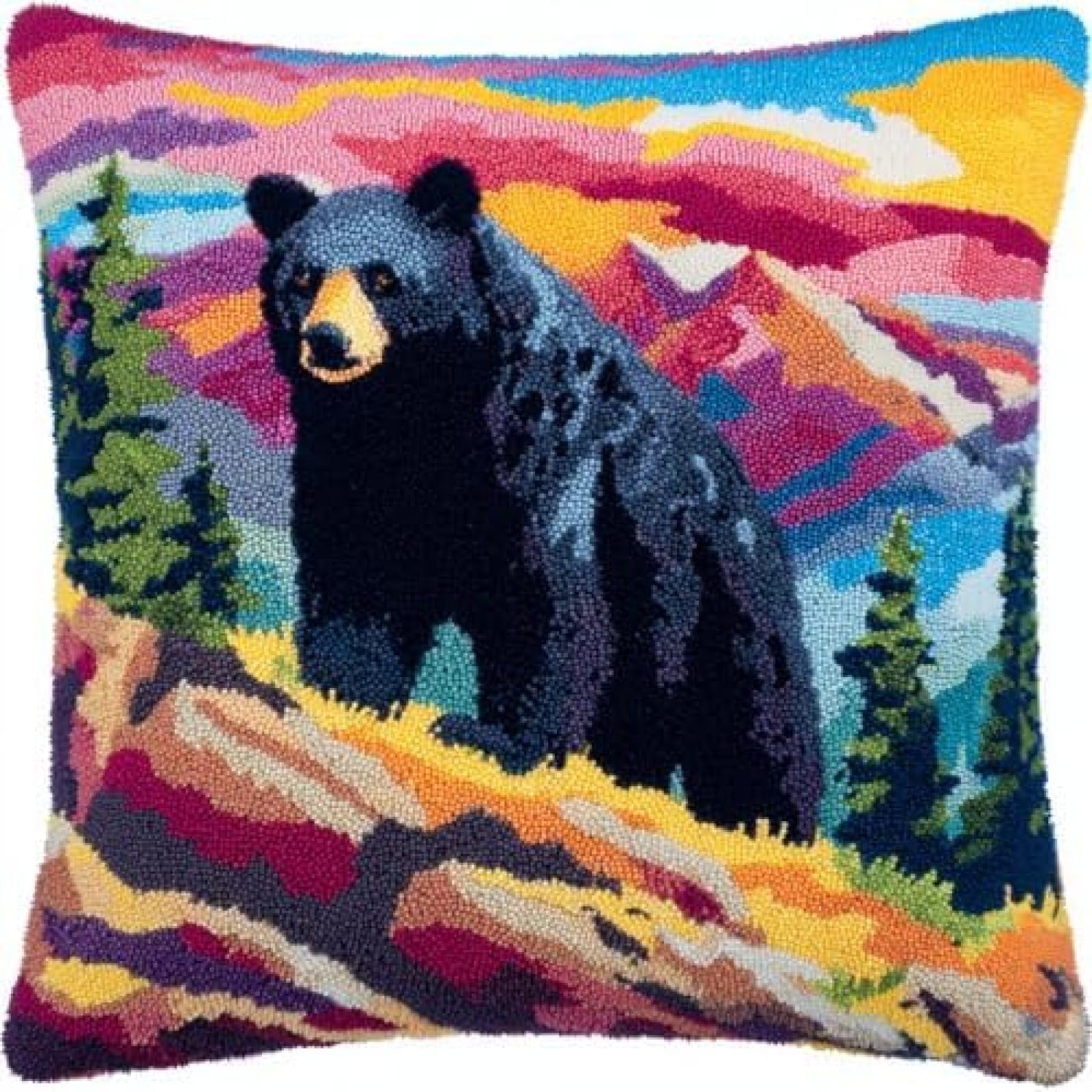 kitphoenix Adults DIY Cushion Cover Craft Kit,Black Bear Rocky Mountain Slope,Relaxing Latch Hook Hobby Set with Printed Canvas and Yarn,Gift Idea for Women