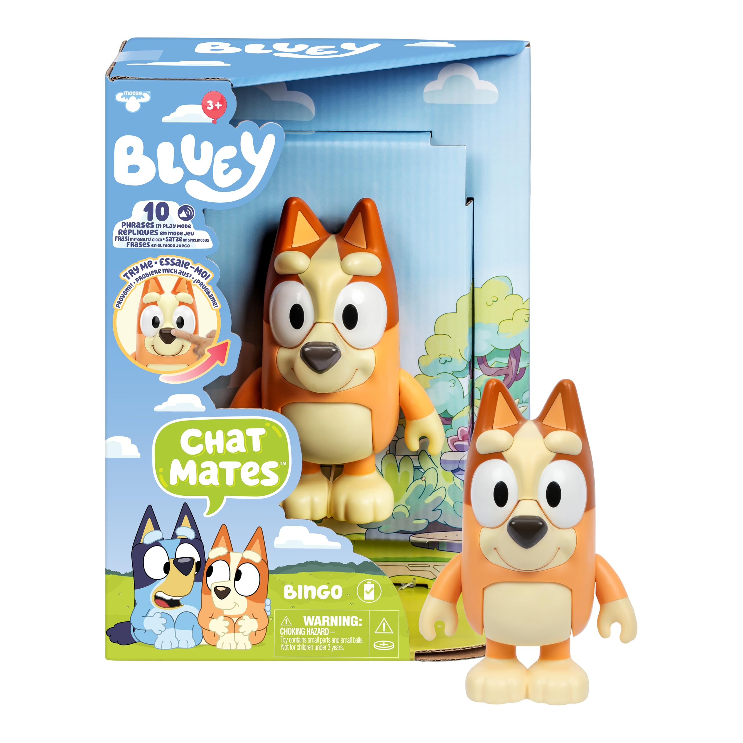 Bluey Chat Mates Bingo; presiona la Nariz de Bingo para Escuchar 10 de Sus Frases de la Serie; la Figura Tiene una Altura de 14 cm y los Brazos y piernas articulados
