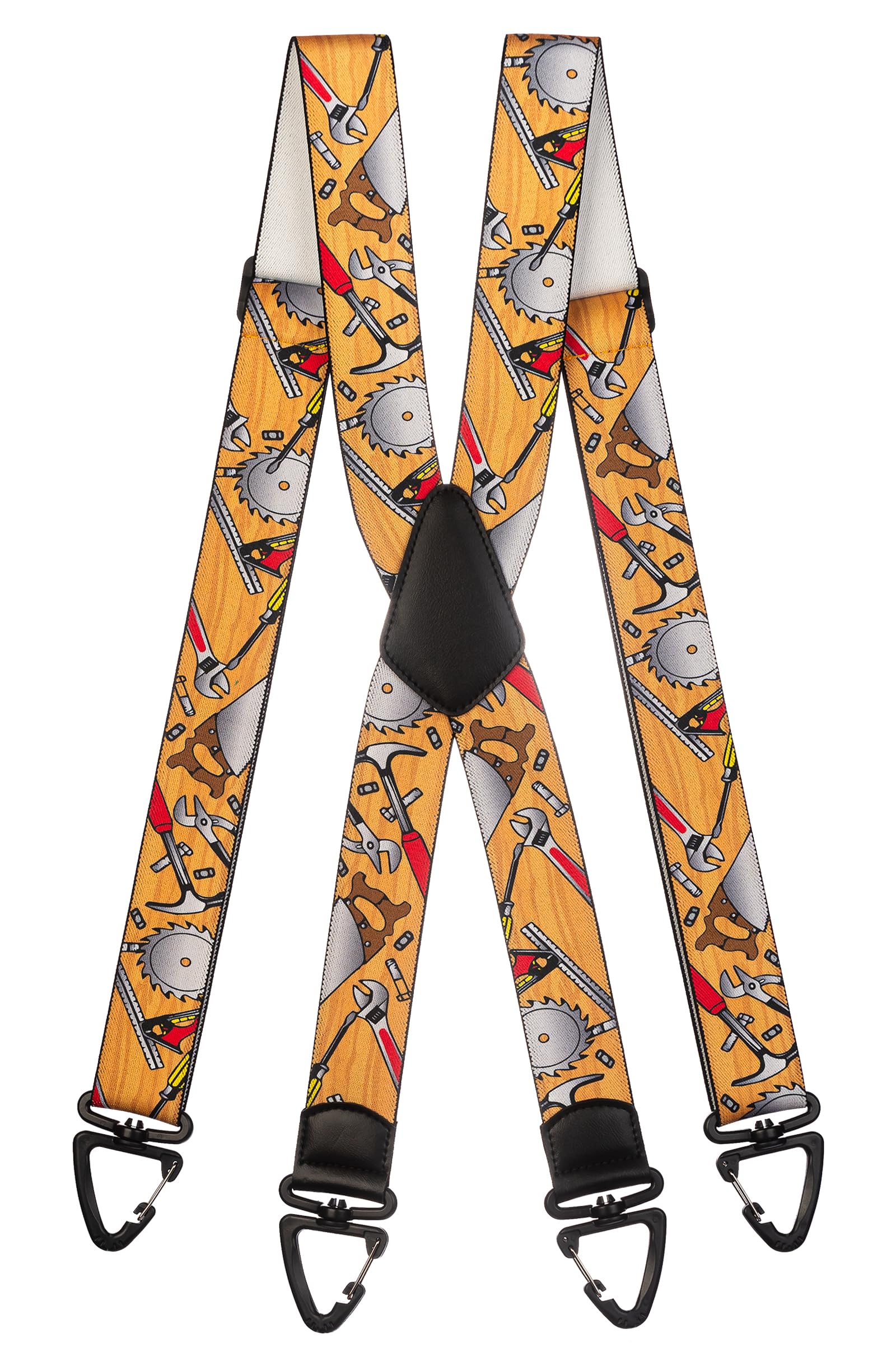 Bretelle da Uomo a X/Y, Attrezzi Moschettoni in Plastica, 40 mm | Bretelle a X o Y da 40 mm regolabili con motivo attrezzi, moschettoni e incrocio in pelle; sicure e versatili.