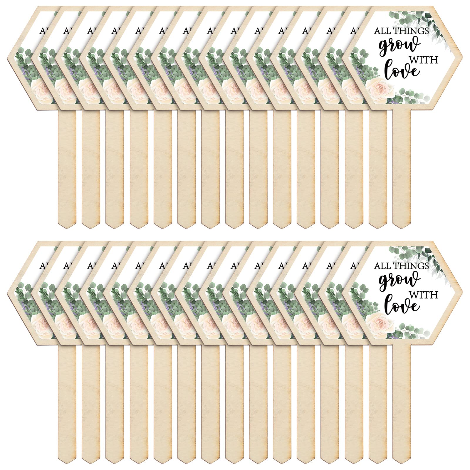 Weysat 60 Pcs All Things Grow with Love Succulent Tags for Baby Shower Hexagon Wooden Plant Stakes Labels Garden Potted Plant Sign Baby Shower Succulent Tag for Wedding Mother's Day
