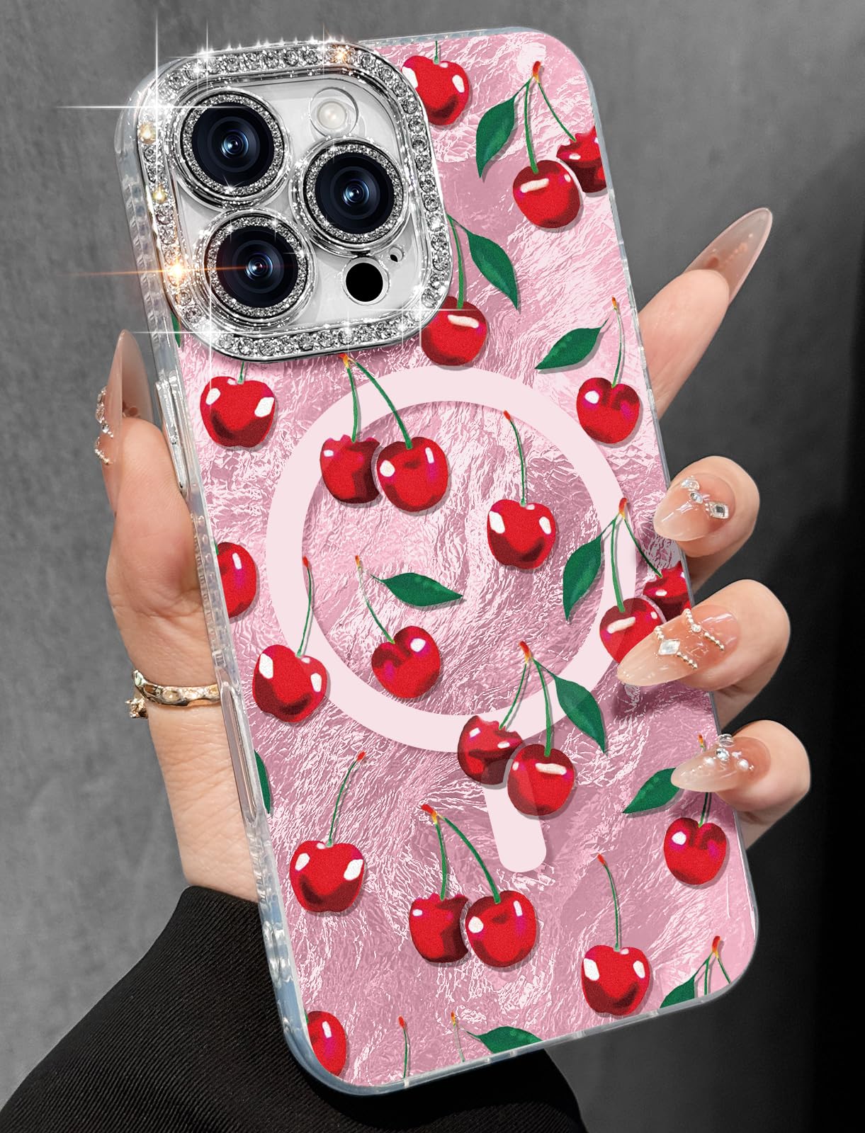 Toycamp for iPhone 16 Pro Max Case - Compatible with Magsafe Aesthetic Cute PK Cherry Laser Holographic i 16 ProMax Case with Diamond Bling Lens