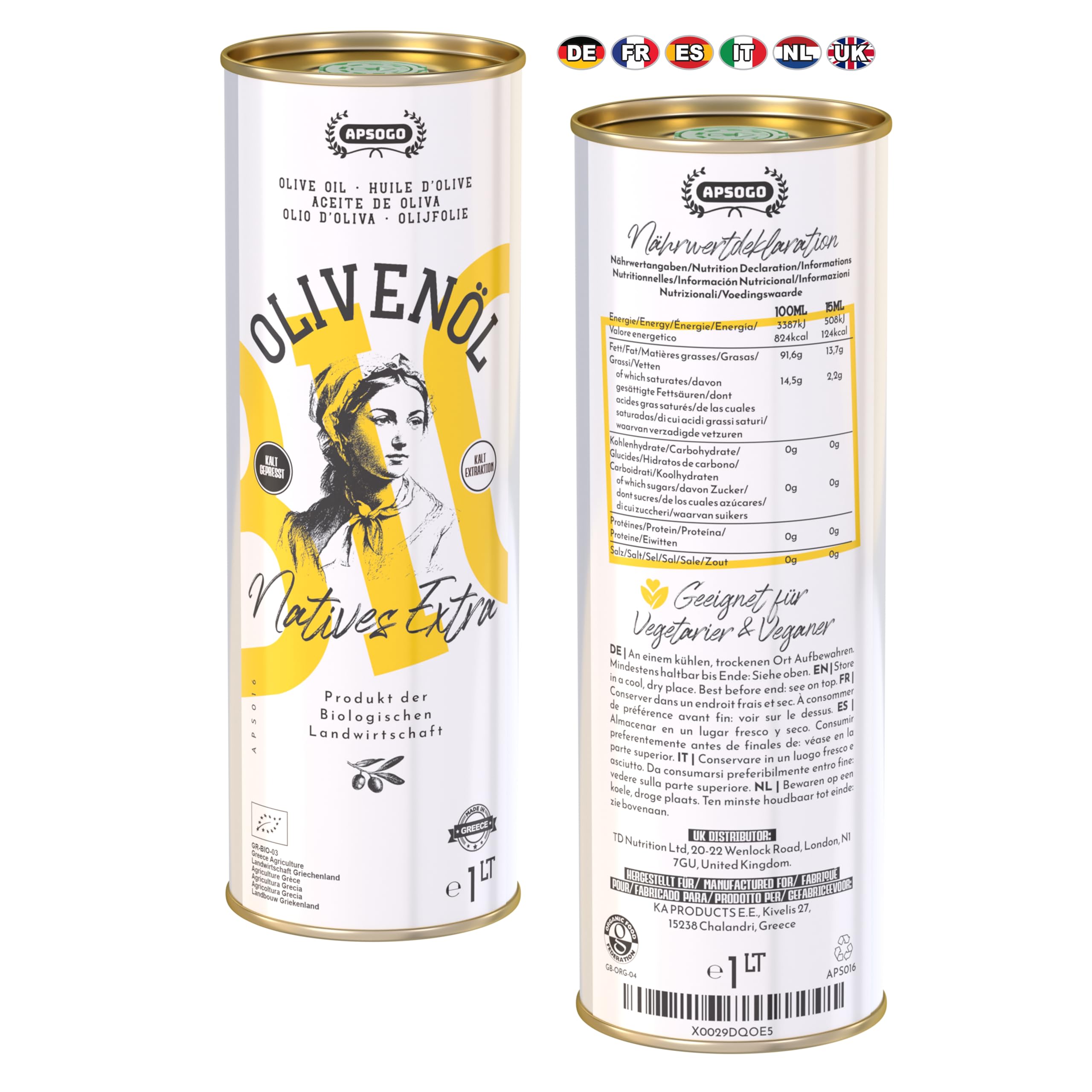 Apsogo Olio Extravergine di Oliva Biologico - EVOO Greco da Creta, 1L | Olio extravergine di oliva biologico da Creta, Grecia - spremuto a freddo, gusto fresco e fruttato con finale piccante.